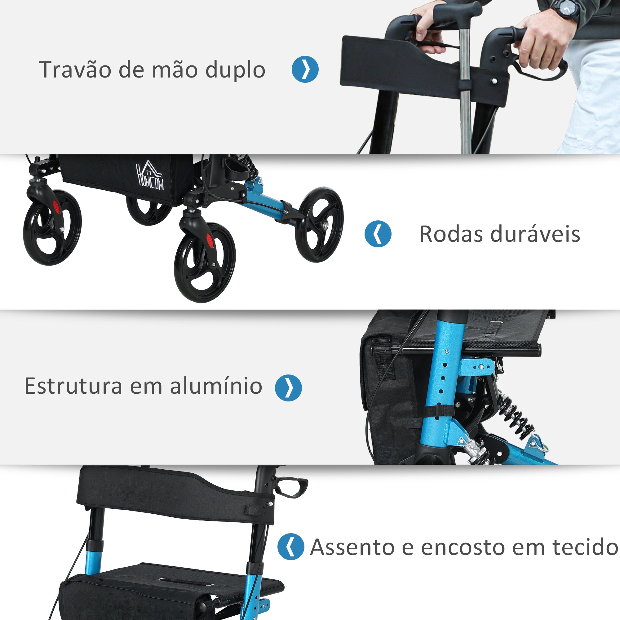 Andarilho para Idosos Dobrável com Assento e 4 Rodas - 66x65x80-93 cm - Azul e Preto