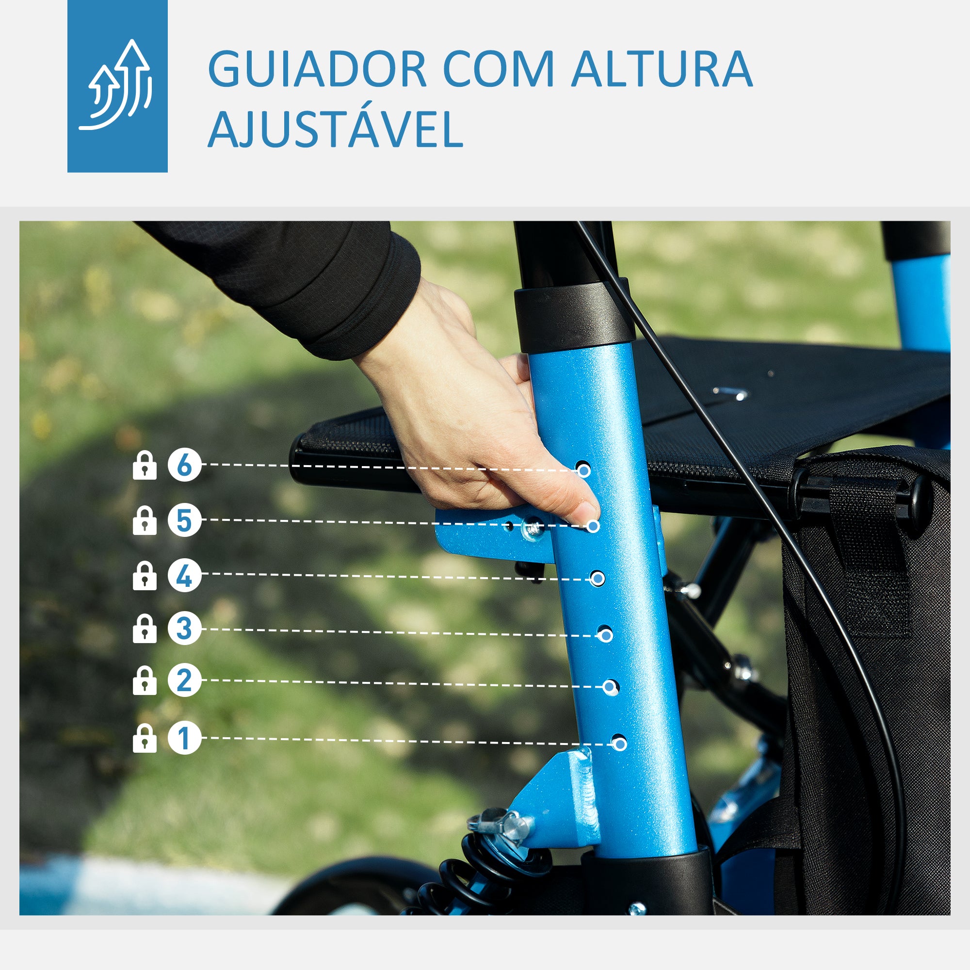 Andarilho para Idosos Dobrável com Assento e 4 Rodas - 66x65x80-93 cm - Azul e Preto