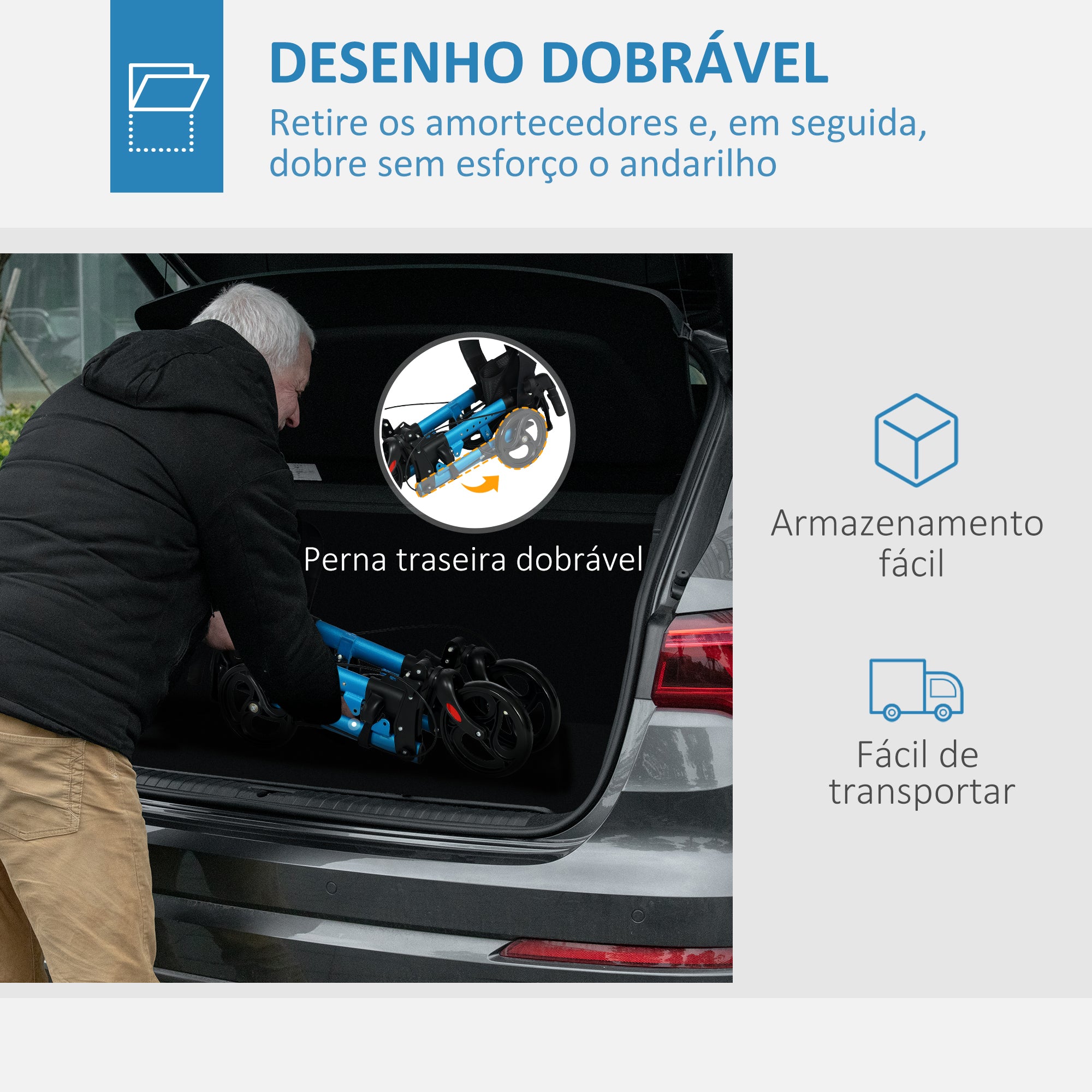 Andarilho para Idosos Dobrável com Assento e 4 Rodas - 66x65x80-93 cm - Azul e Preto