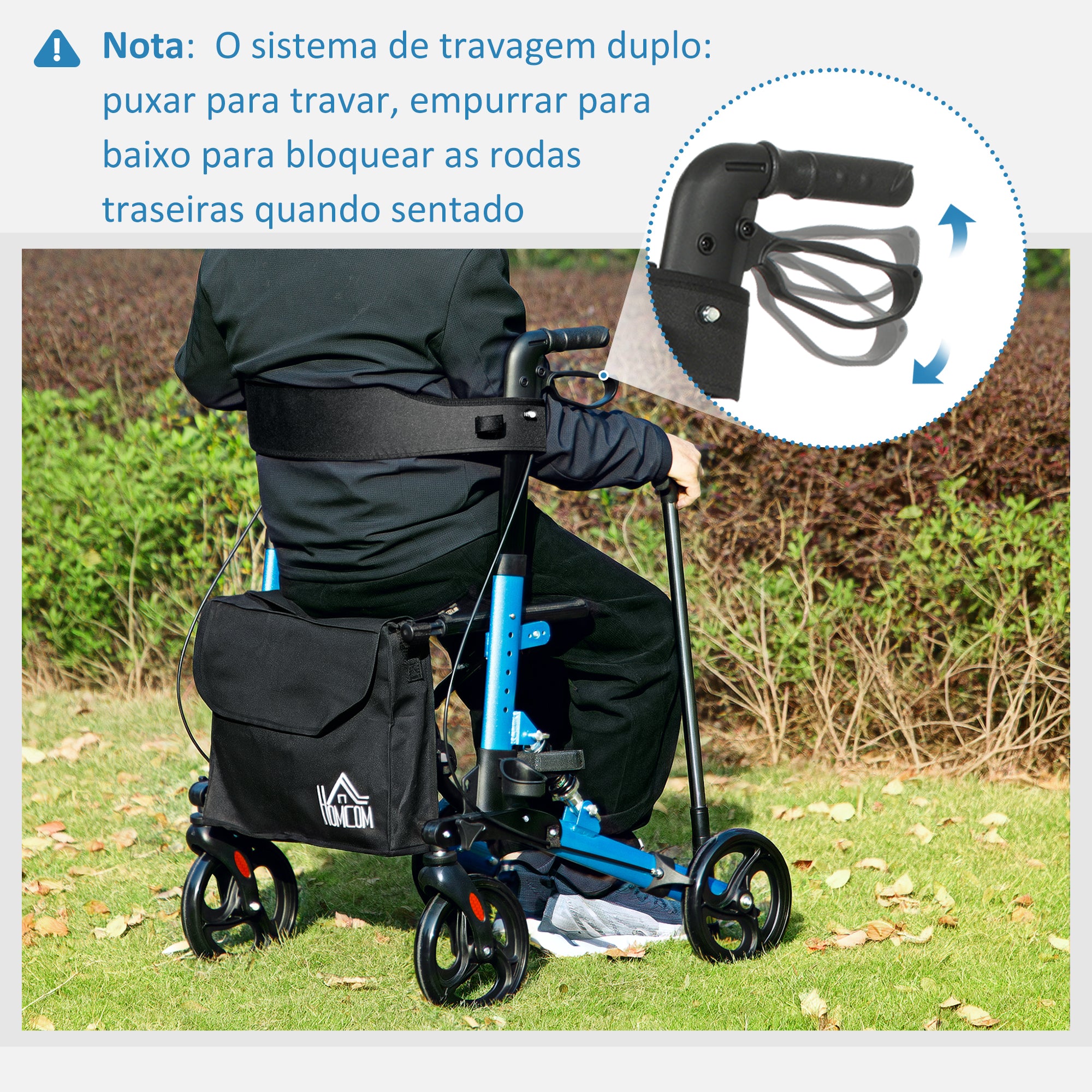 Andarilho para Idosos Dobrável com Assento e 4 Rodas - 66x65x80-93 cm - Azul e Preto