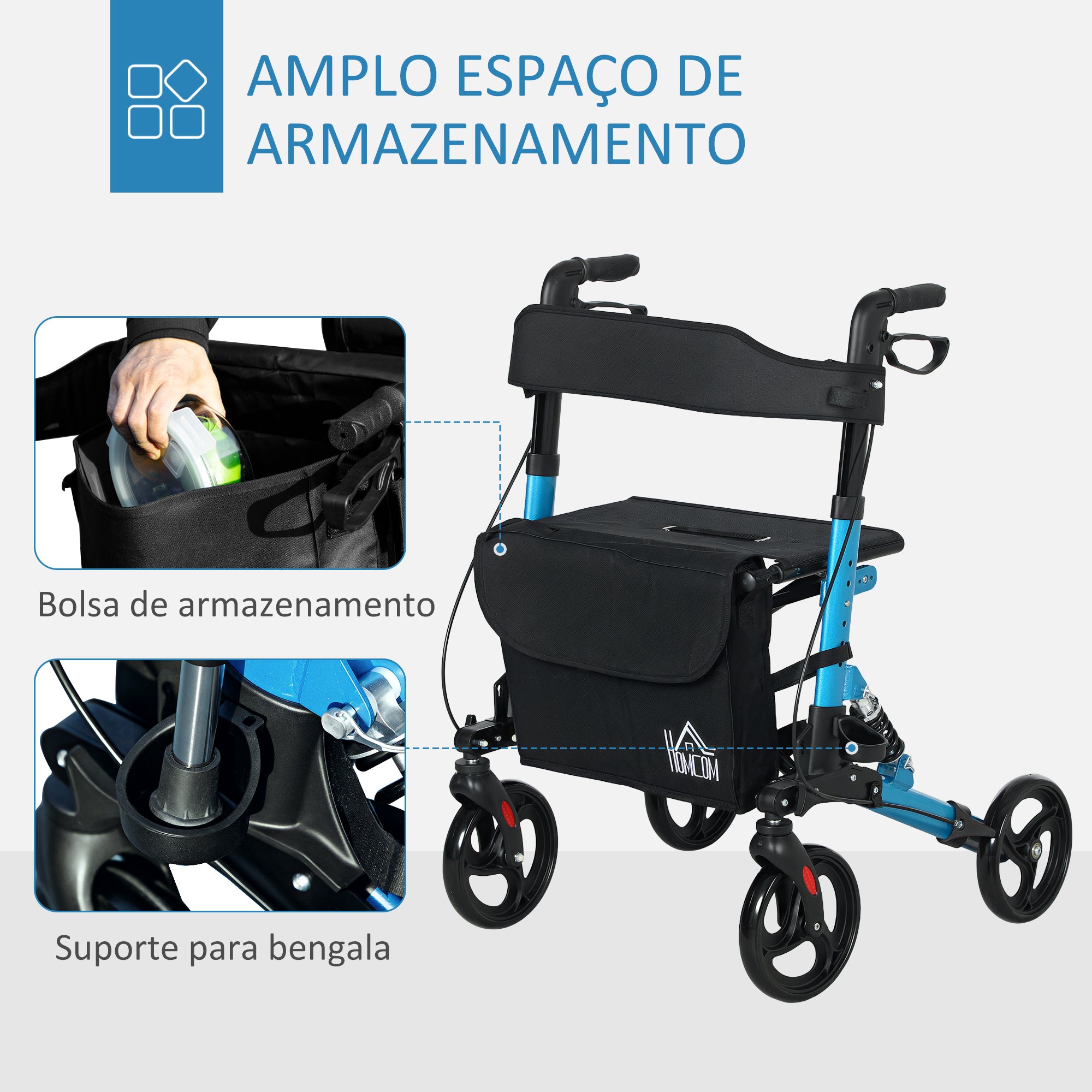 Andarilho para Idosos Dobrável com Assento e 4 Rodas - 66x65x80-93 cm - Azul e Preto