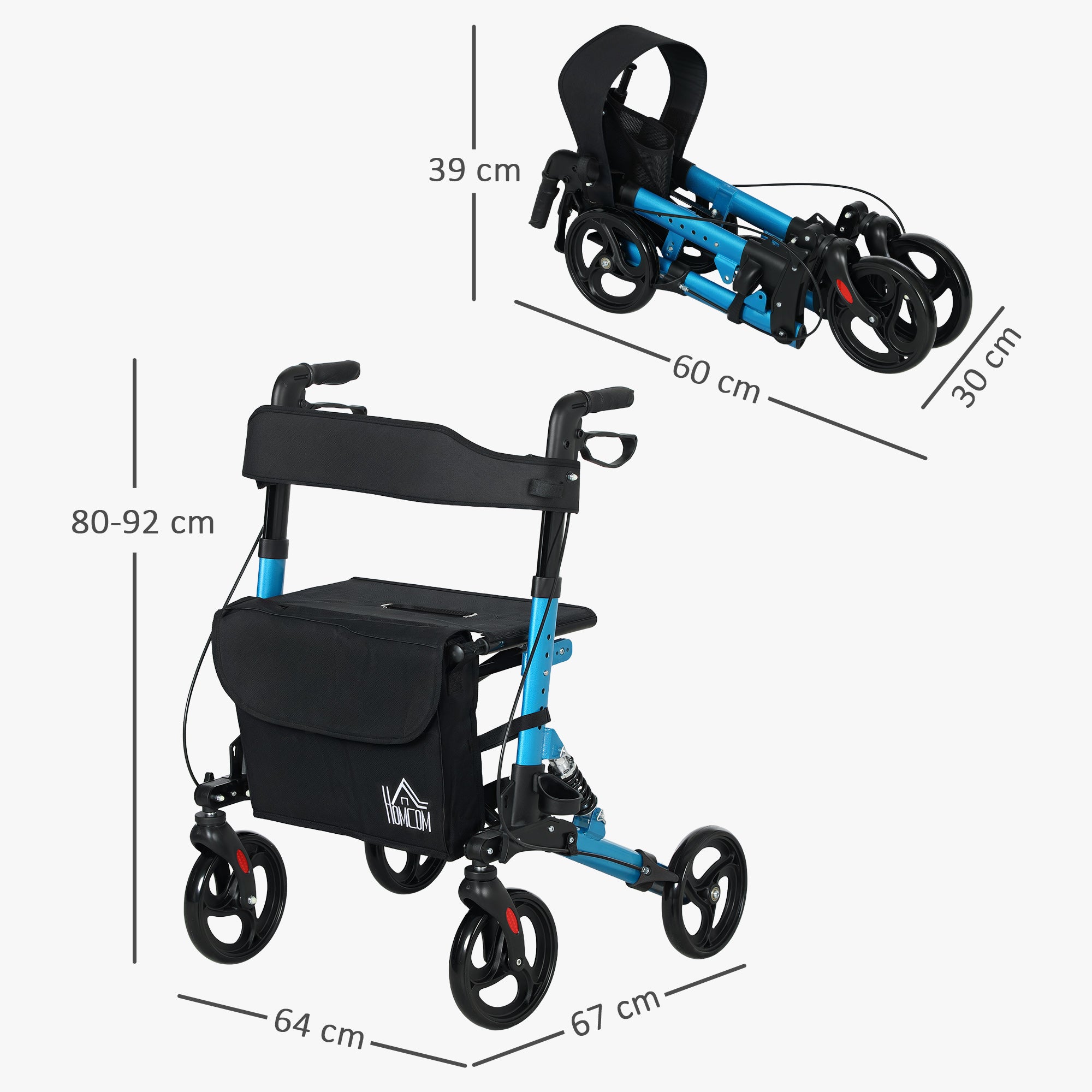 Andarilho para Idosos Dobrável com Assento e 4 Rodas - 66x65x80-93 cm - Azul e Preto