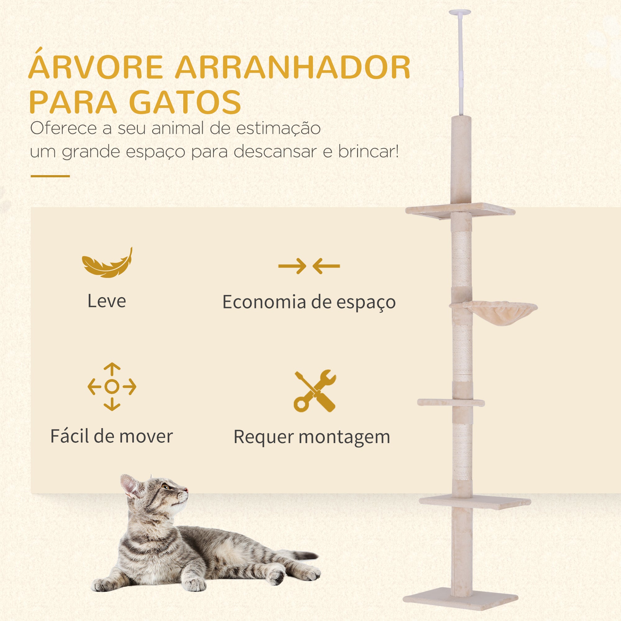 Arranhador para Gatos Bege 40x34x260cm - Centro de Atividades Vertical Ajustável