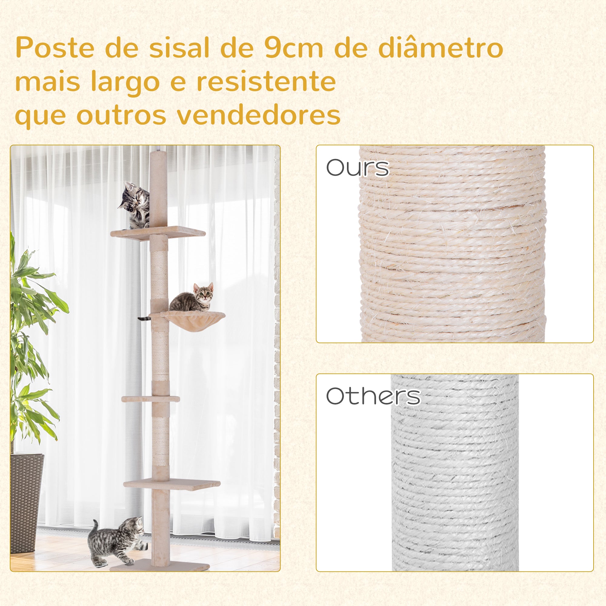 Arranhador para Gatos Bege 40x34x260cm - Centro de Atividades Vertical Ajustável