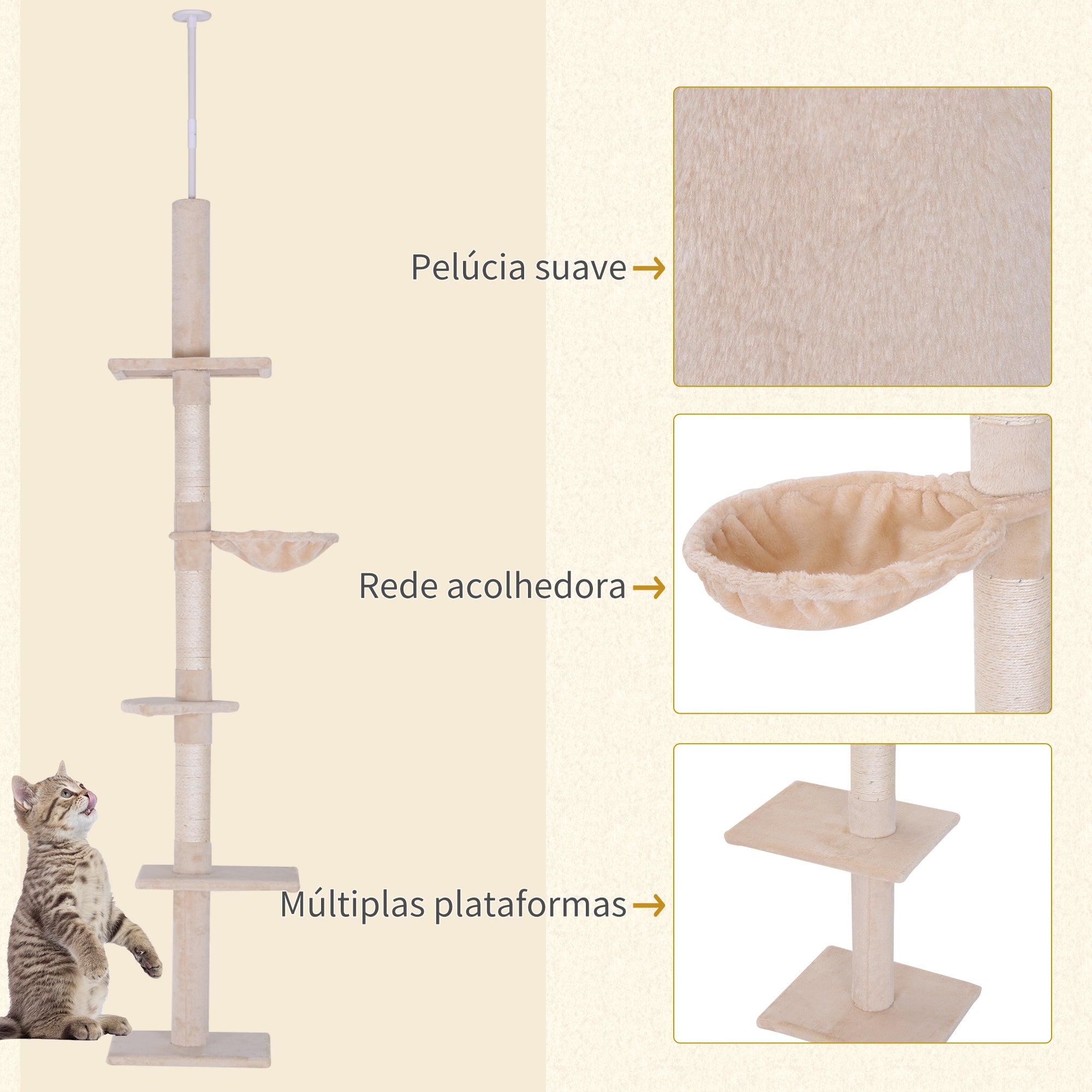 Arranhador para Gatos Bege 40x34x260cm - Centro de Atividades Vertical Ajustável