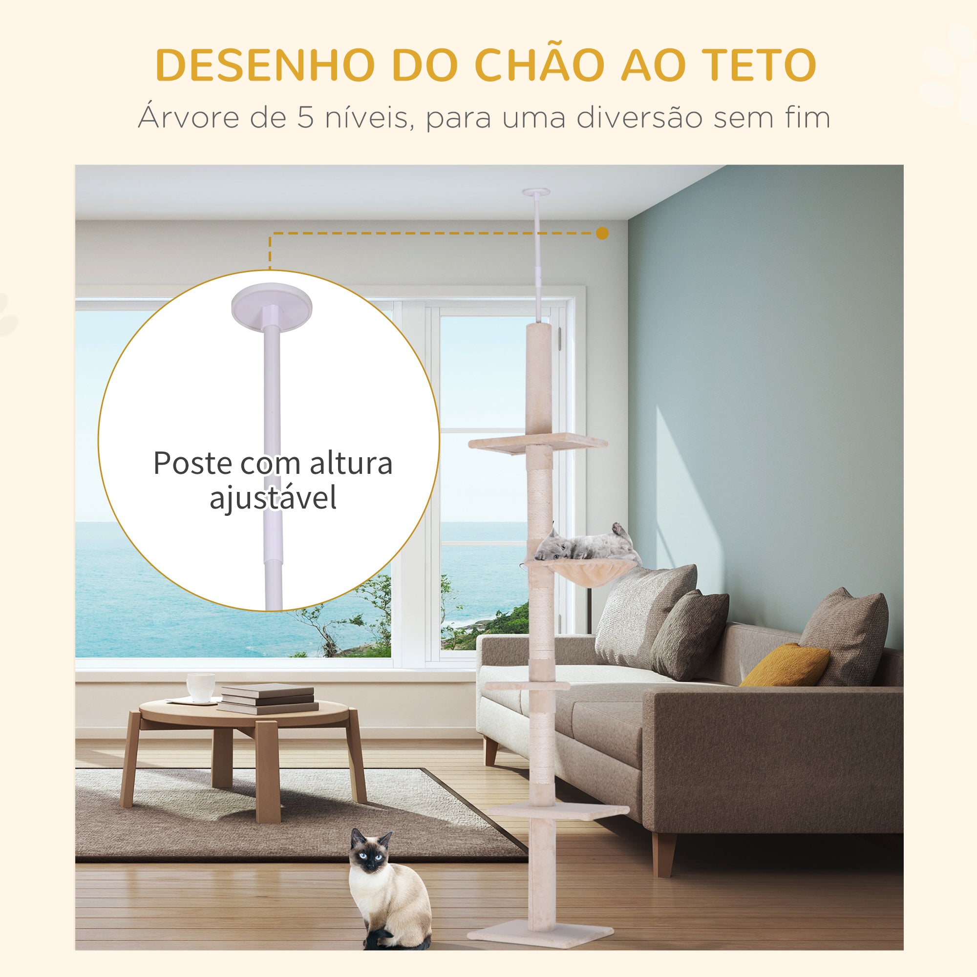 Arranhador para Gatos Bege 40x34x260cm - Centro de Atividades Vertical Ajustável