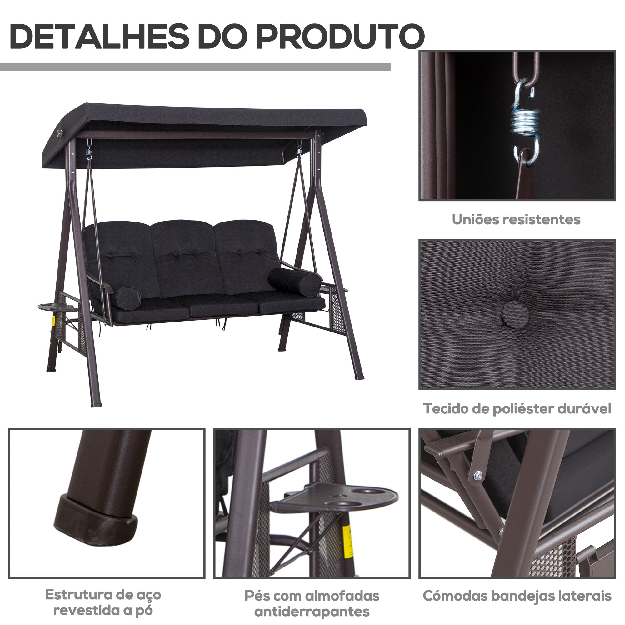Banco Baloiço de Jardim 3 Lugares Preto 206x116x183 cm