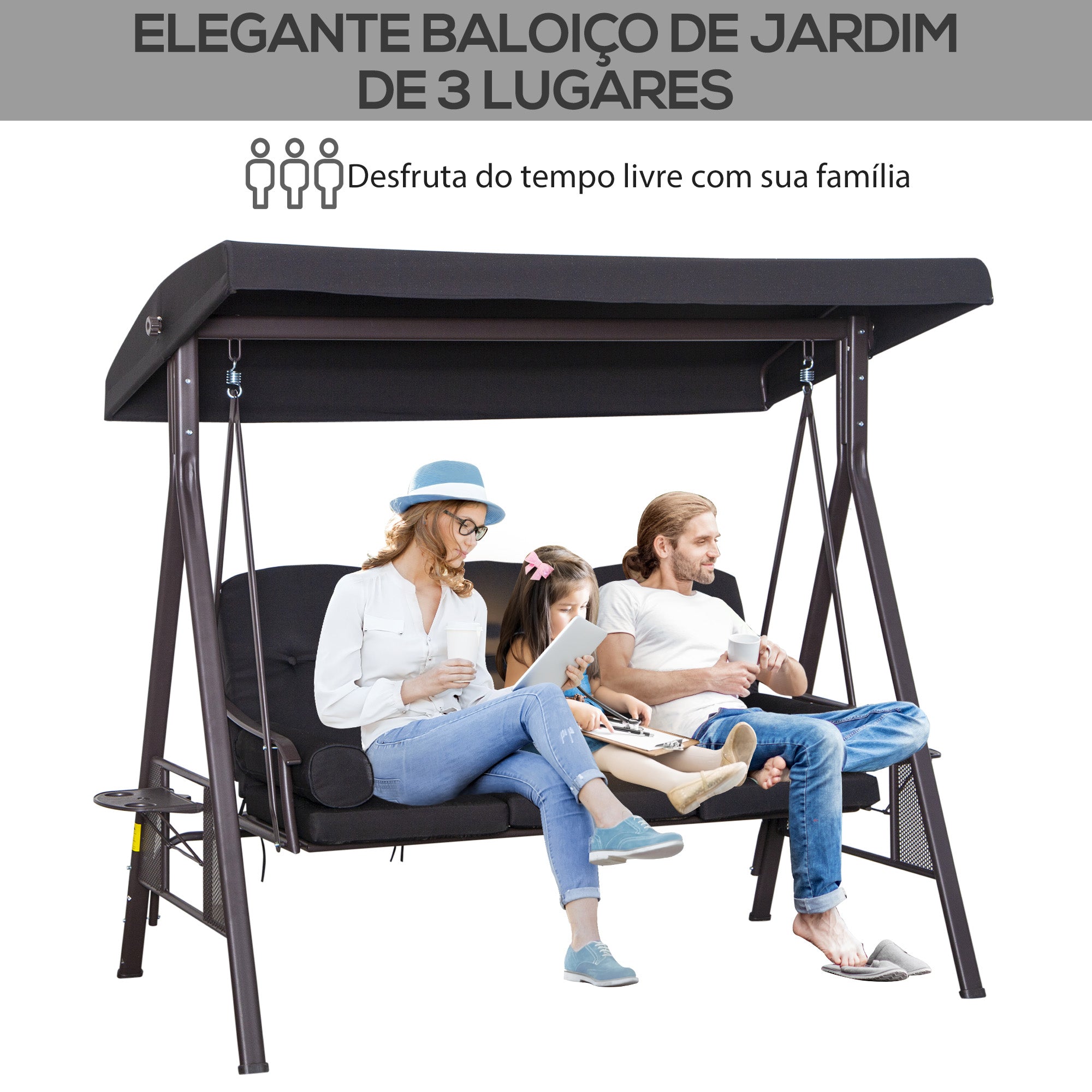 Banco Baloiço de Jardim 3 Lugares Preto 206x116x183 cm