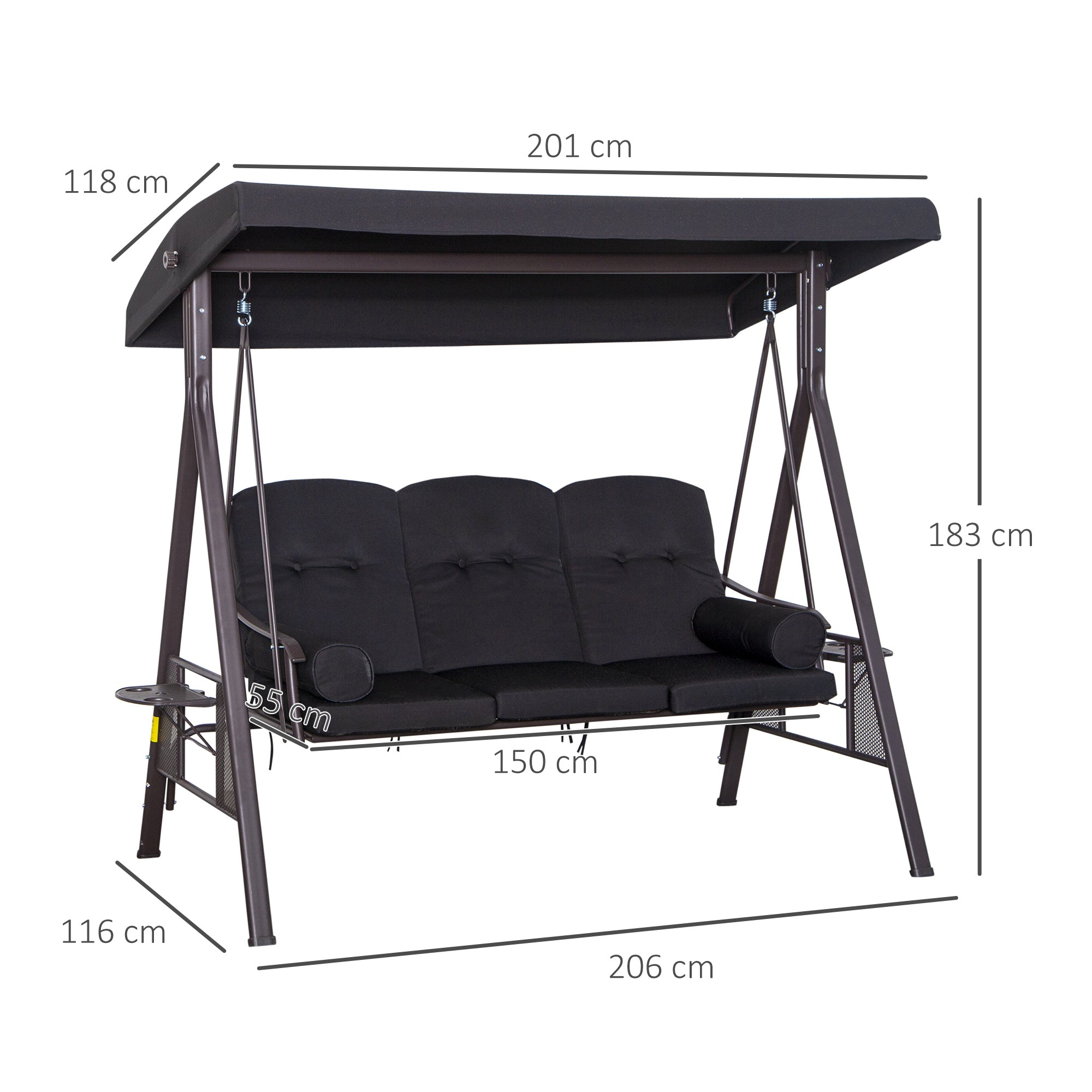 Banco Baloiço de Jardim 3 Lugares Preto 206x116x183 cm