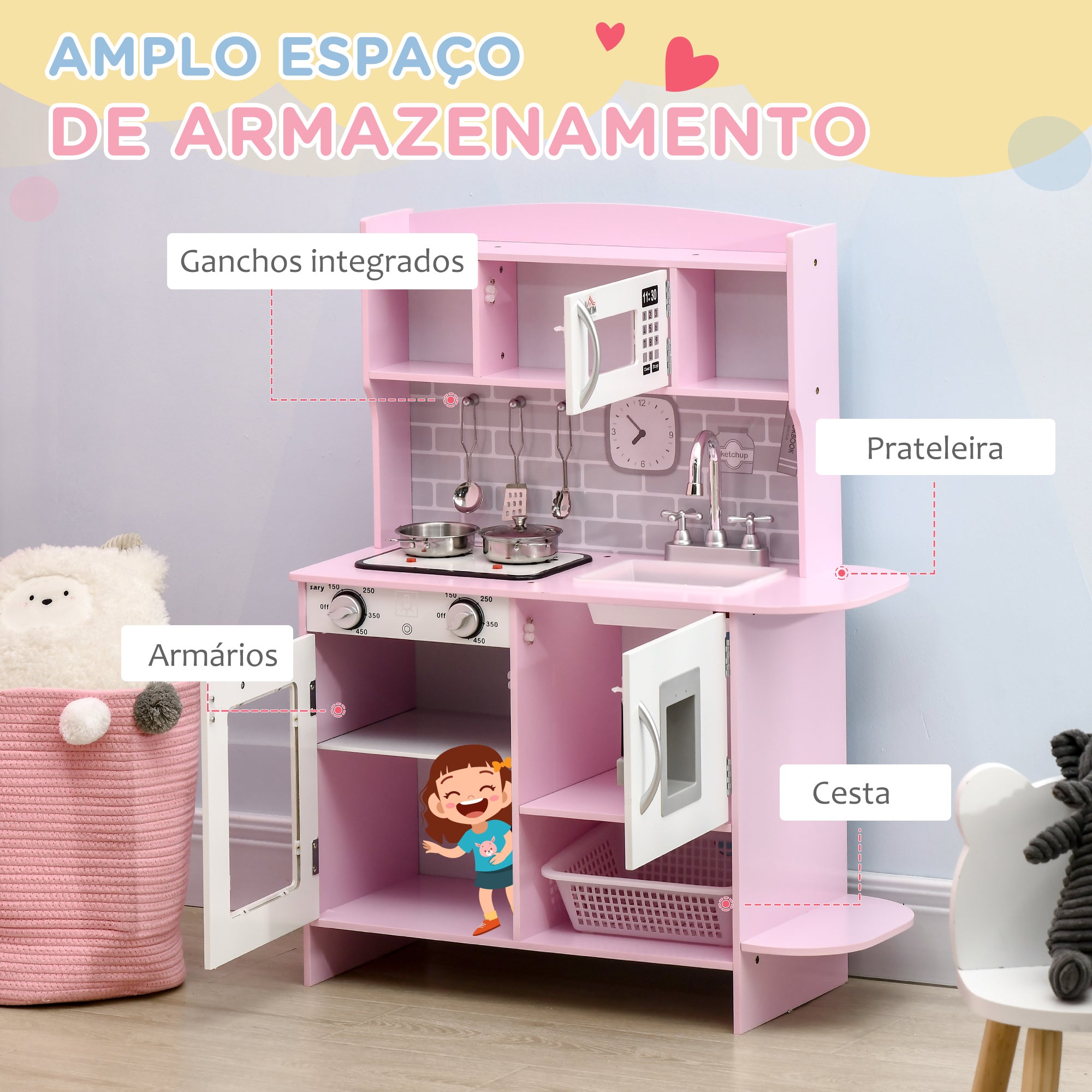 Cozinha Infantil Rosa 70x29x90cm para Crianças acima de 3 Anos