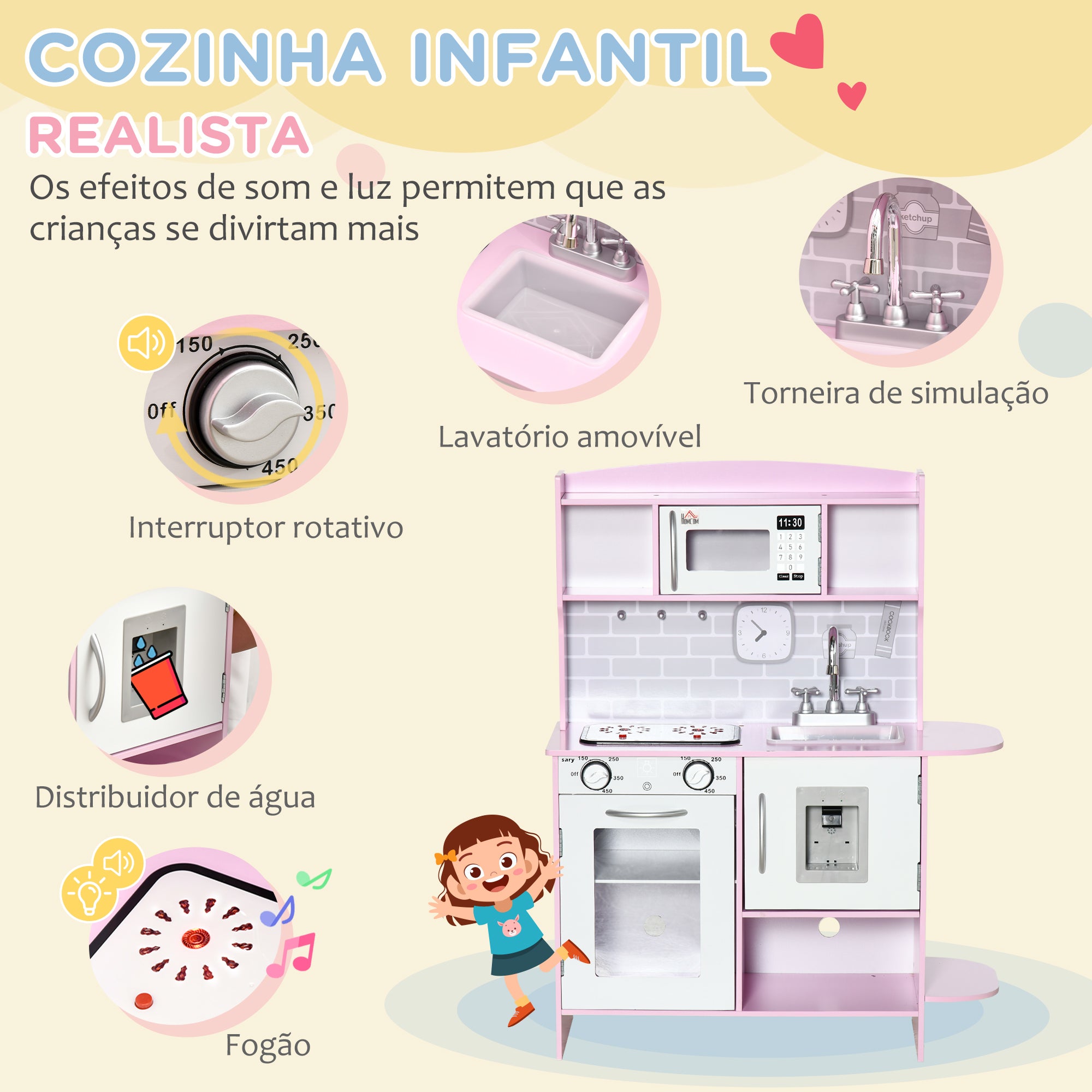 Cozinha Infantil Rosa 70x29x90cm para Crianças acima de 3 Anos