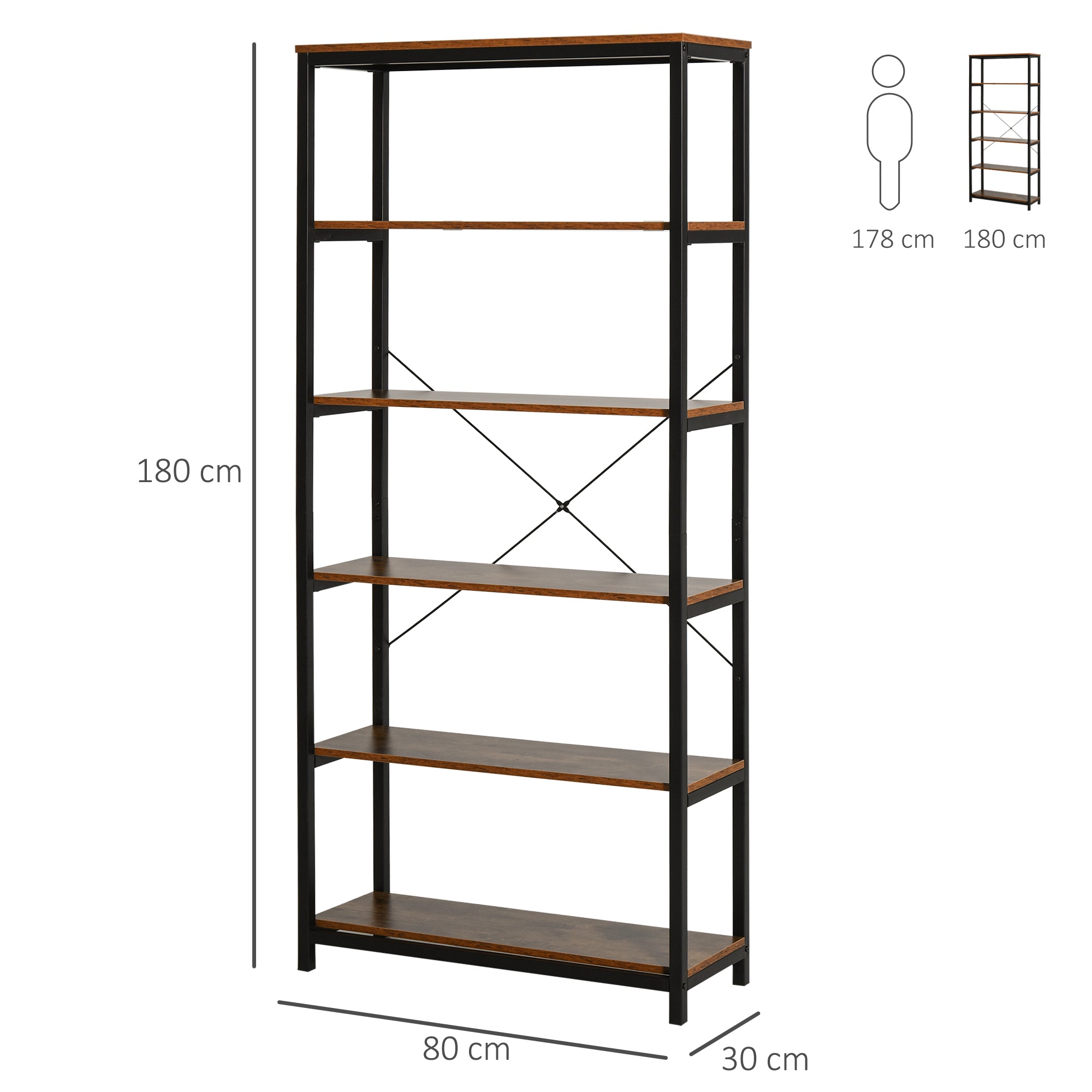 Estante Industrial com 6 Prateleiras 80x30x180 cm - Castanho Rústico