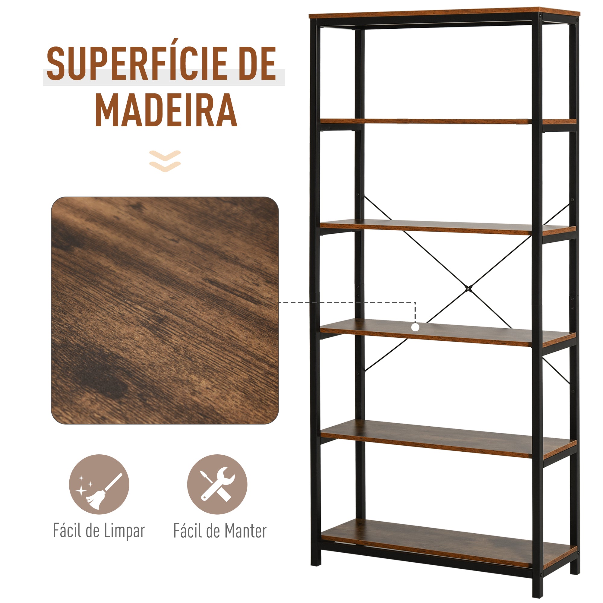 Estante Industrial com 6 Prateleiras 80x30x180 cm - Castanho Rústico