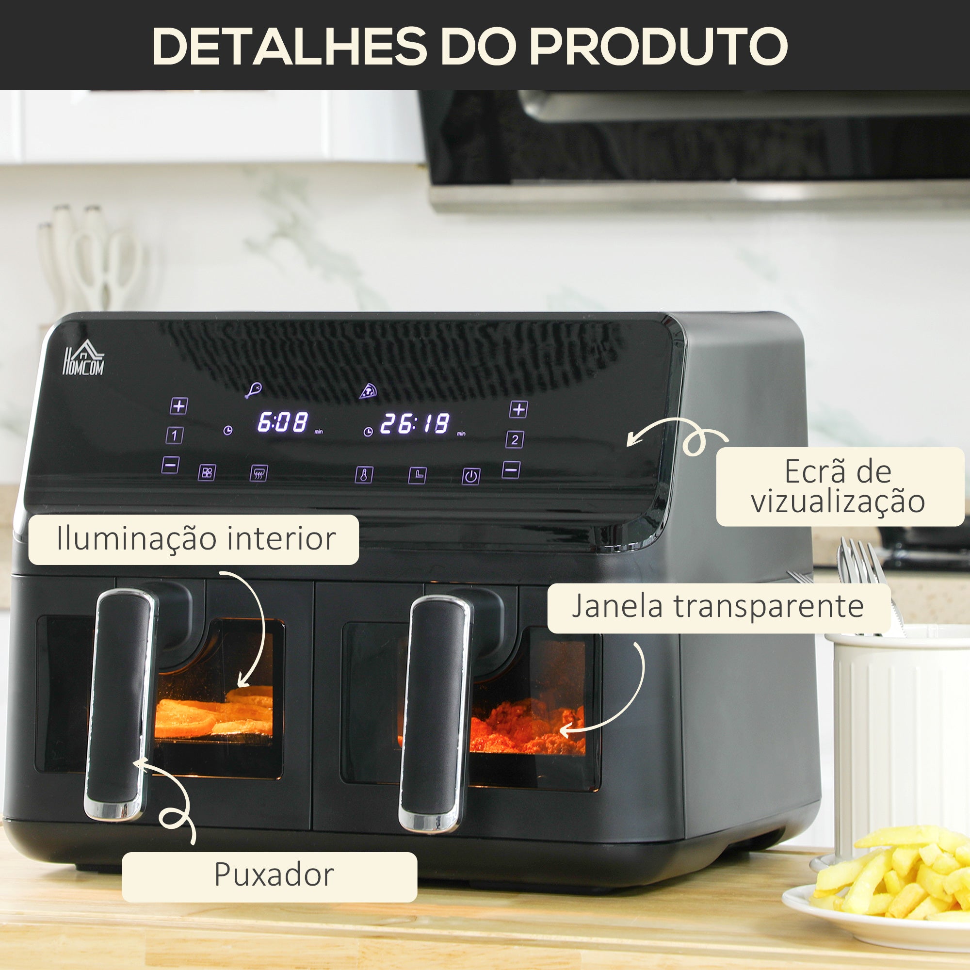 Fritadeira de Ar Quente Dupla 8L – 38,5x38x30,5 cm – Preto – Aço e PP
