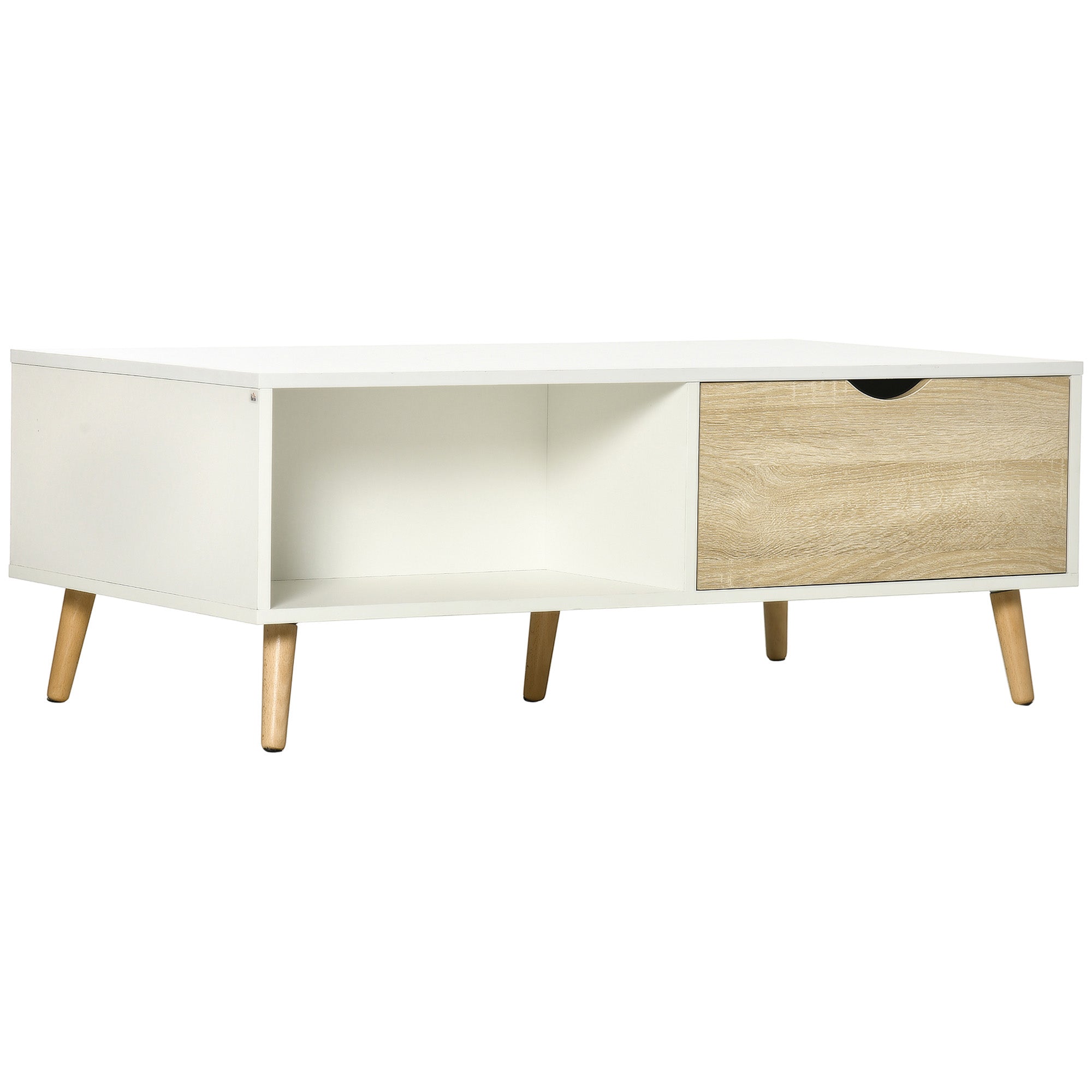 Mesa de Centro Retangular com 2 Gavetas e Compartimentos Abertos 106x58x39,5cm Branco e Madeira