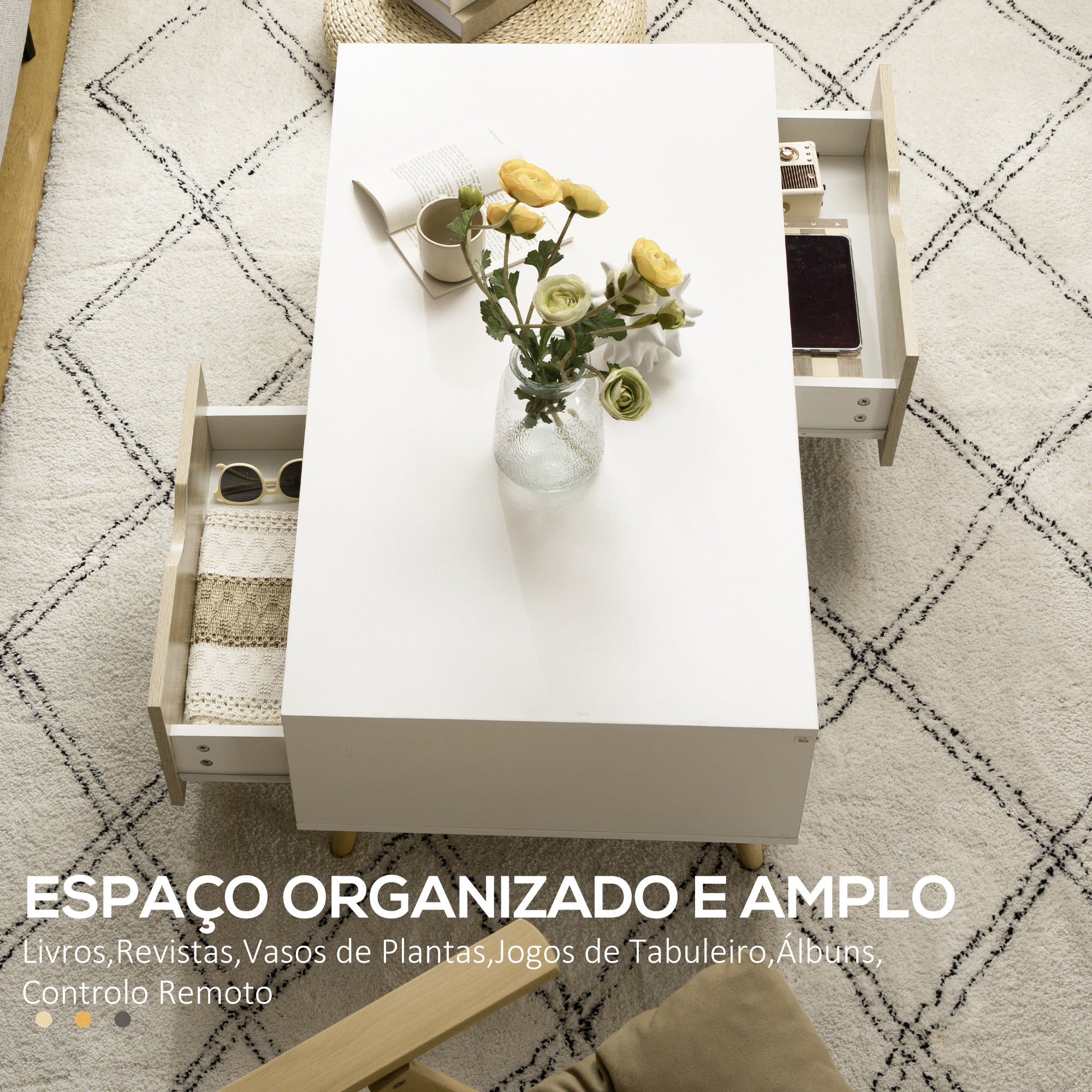 Mesa de Centro Retangular com 2 Gavetas e Compartimentos Abertos 106x58x39,5cm Branco e Madeira