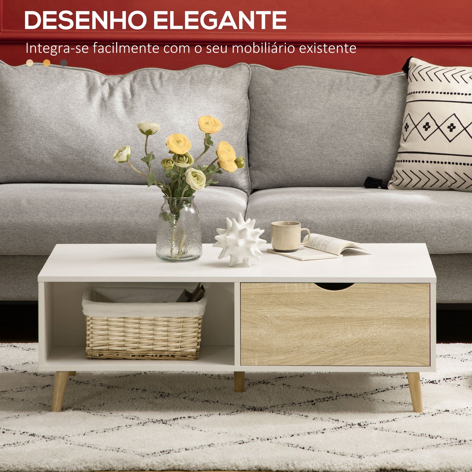 Mesa de Centro Retangular com 2 Gavetas e Compartimentos Abertos 106x58x39,5cm Branco e Madeira