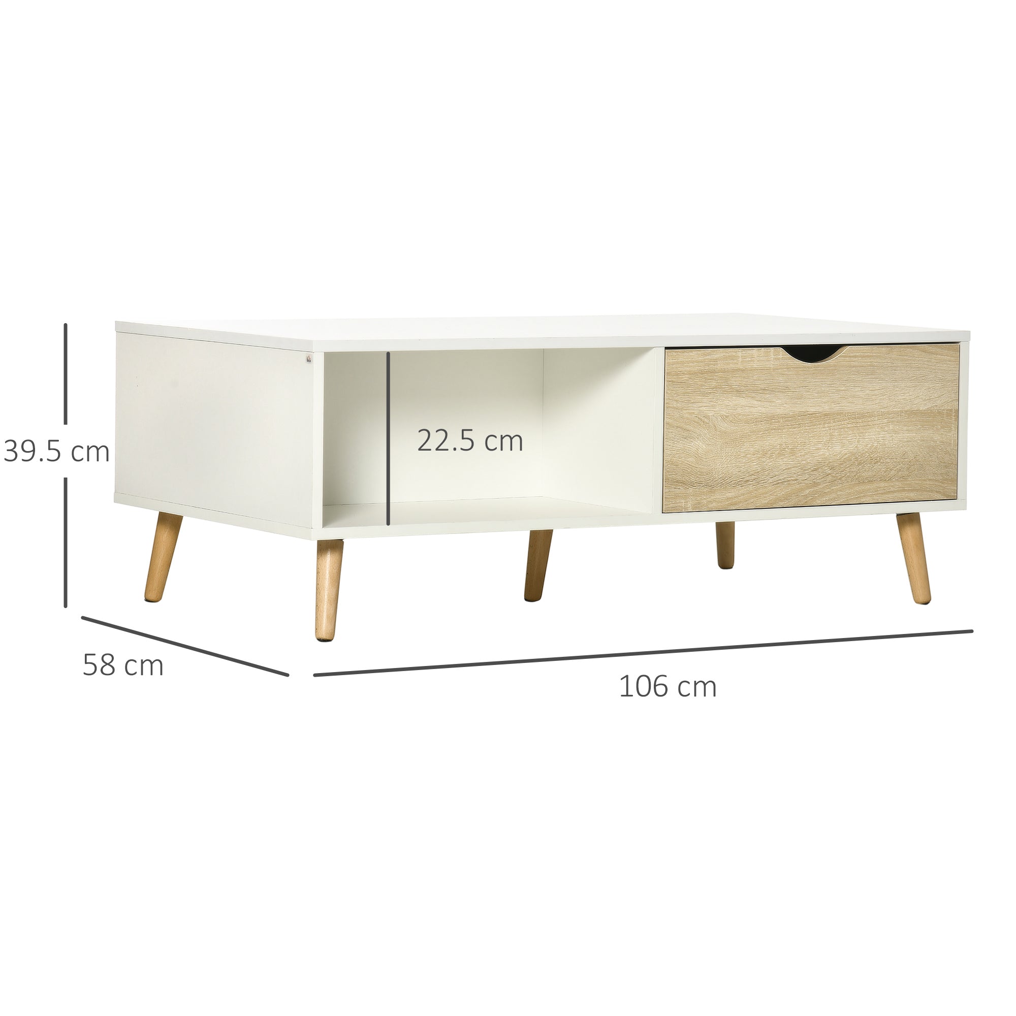 Mesa de Centro Retangular com 2 Gavetas e Compartimentos Abertos 106x58x39,5cm Branco e Madeira