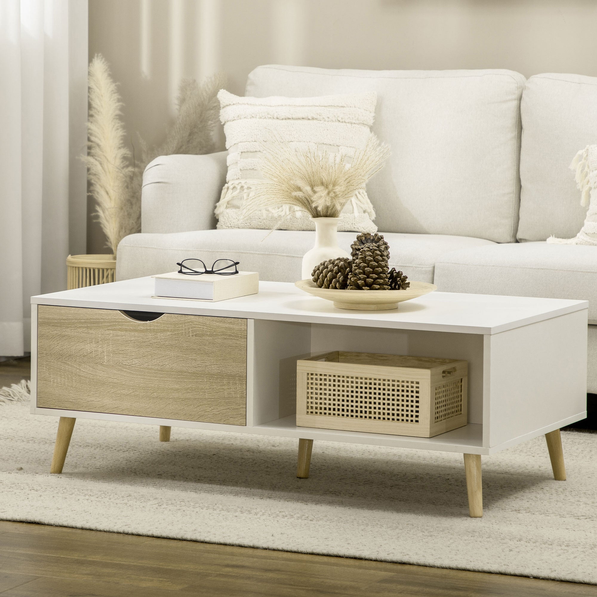 Mesa de Centro Retangular com 2 Gavetas e Compartimentos Abertos 106x58x39,5cm Branco e Madeira