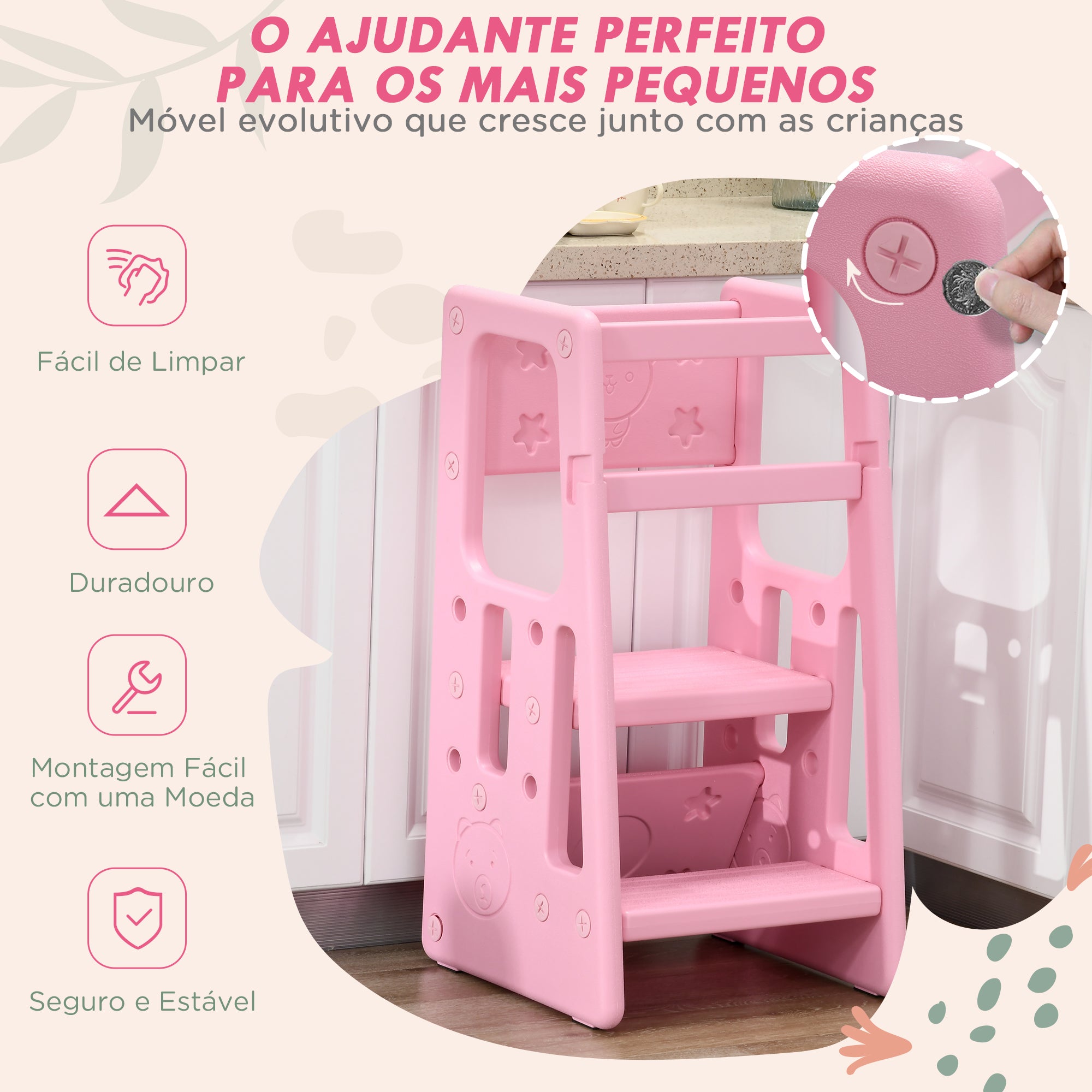 Banco Infantil Altura Ajustável 47x47x90cm Rosa