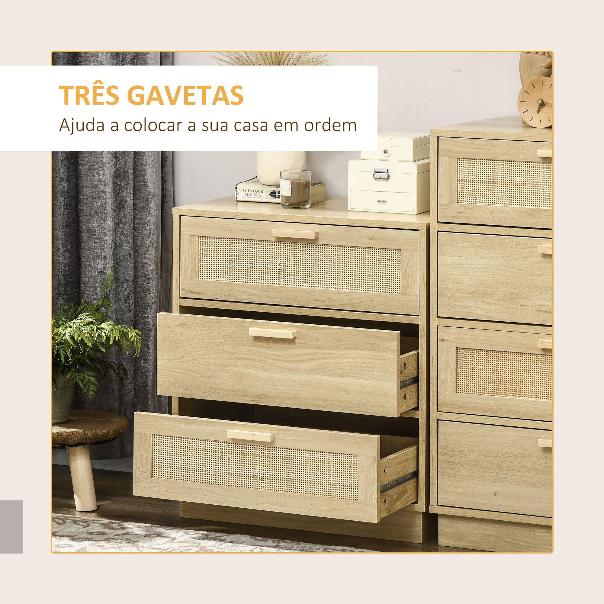 Cómoda de Madeira com 3 Gavetas de Vime - Cor de Madeira Natural - 60x38x69 cm