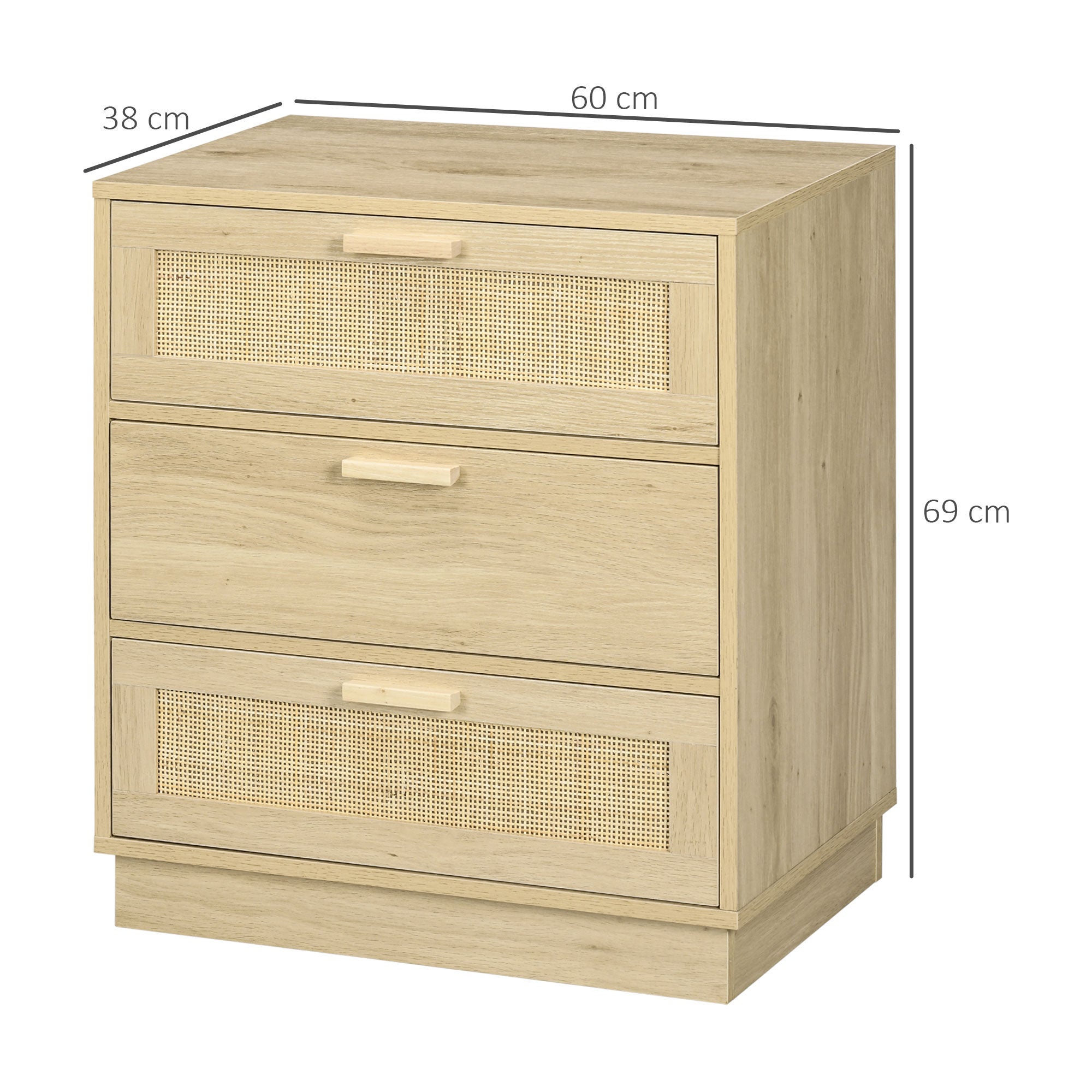 Cómoda de Madeira com 3 Gavetas de Vime - Cor de Madeira Natural - 60x38x69 cm