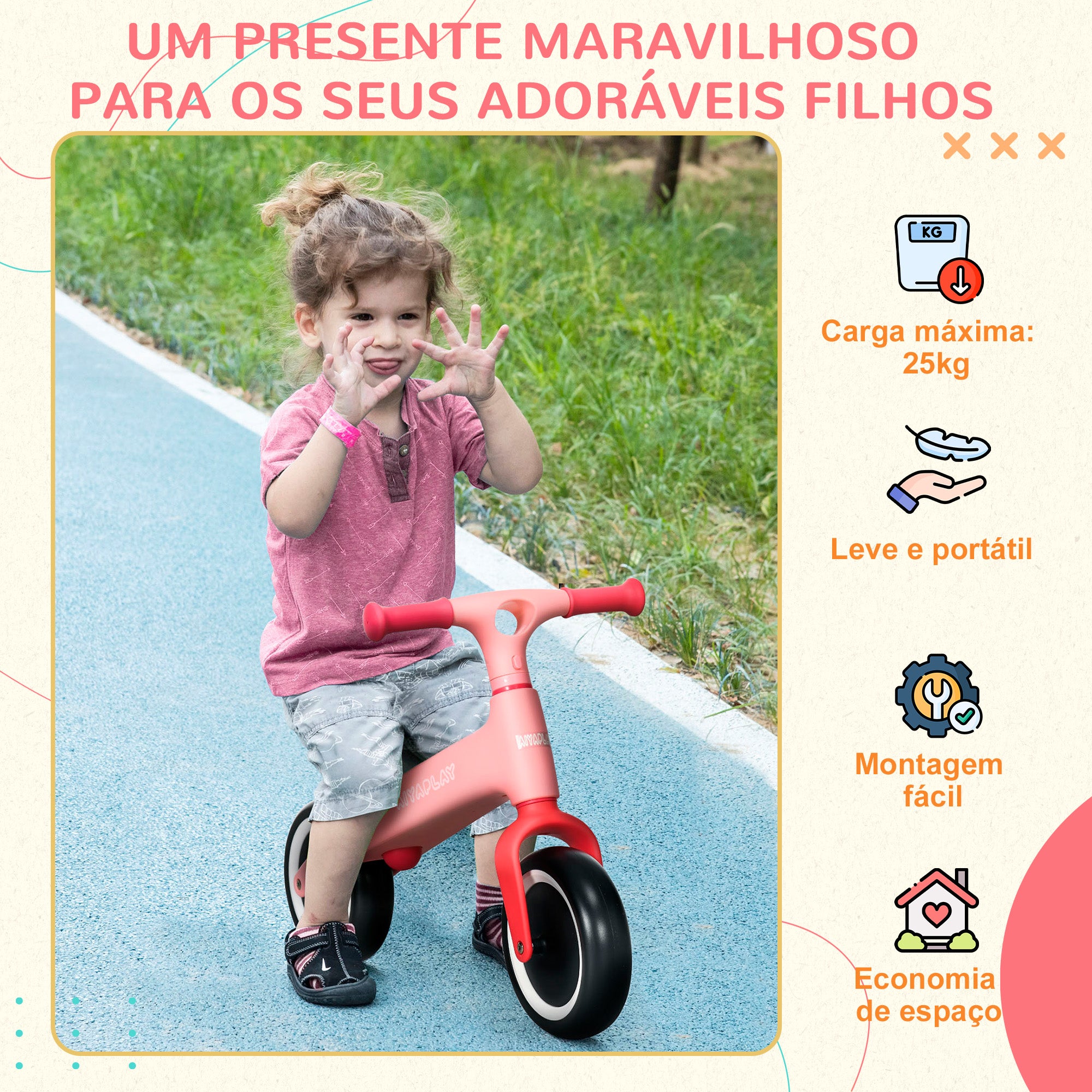 Bicicleta de Equilíbrio para Crianças 18-36 Meses - 67,5x32x44 cm Rosa