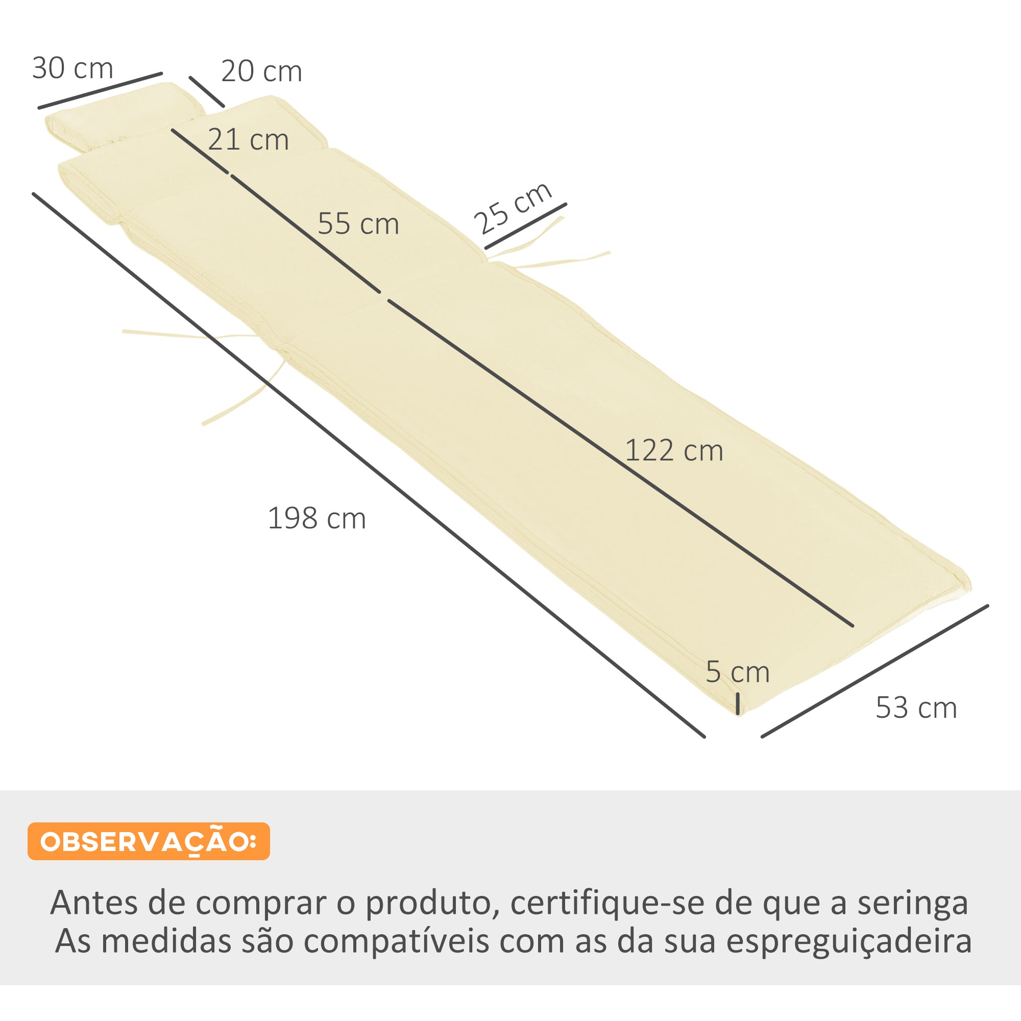 Almofada para Espreguiçadeira Creme 198x53x5cm - Conforto e Durabilidade
