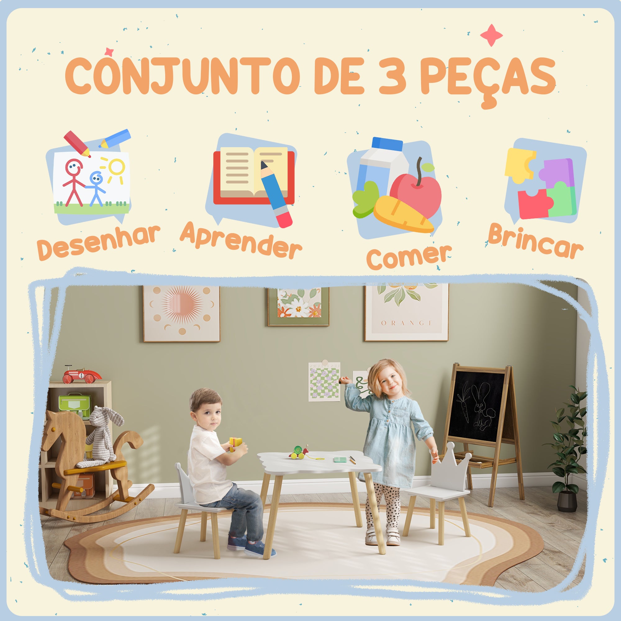 Conjunto de Mesa e Cadeiras Infantis Coroa Branca 60x60x44 cm