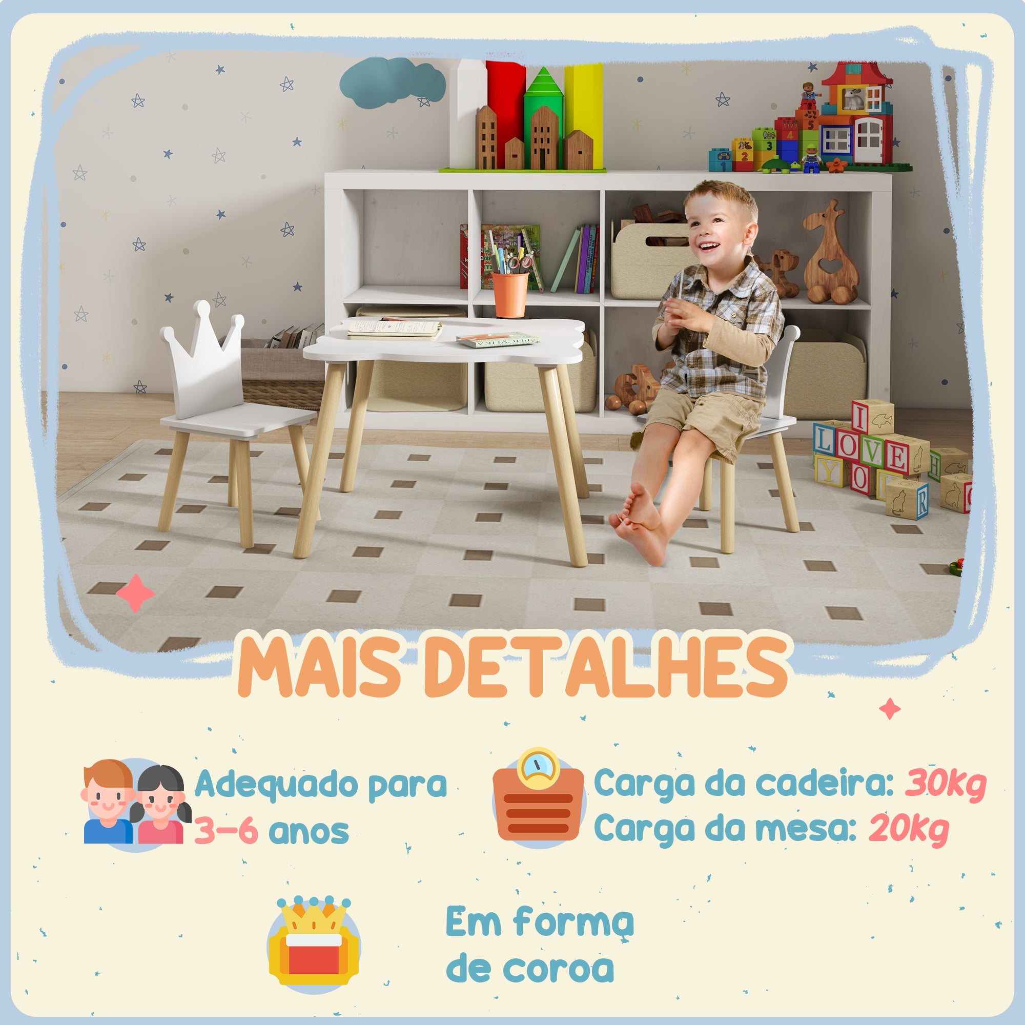Conjunto de Mesa e Cadeiras Infantis Coroa Branca 60x60x44 cm