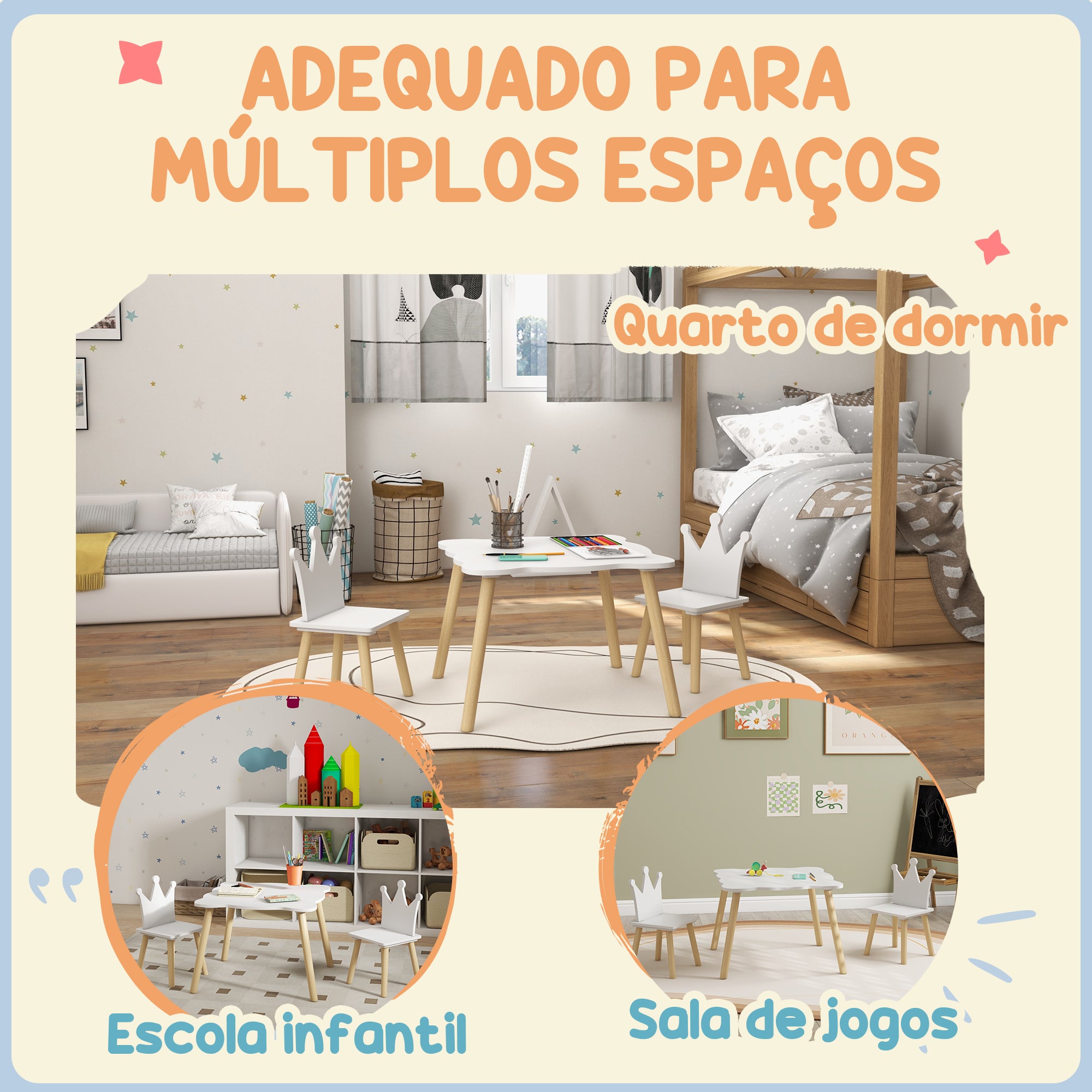 Conjunto de Mesa e Cadeiras Infantis Coroa Branca 60x60x44 cm