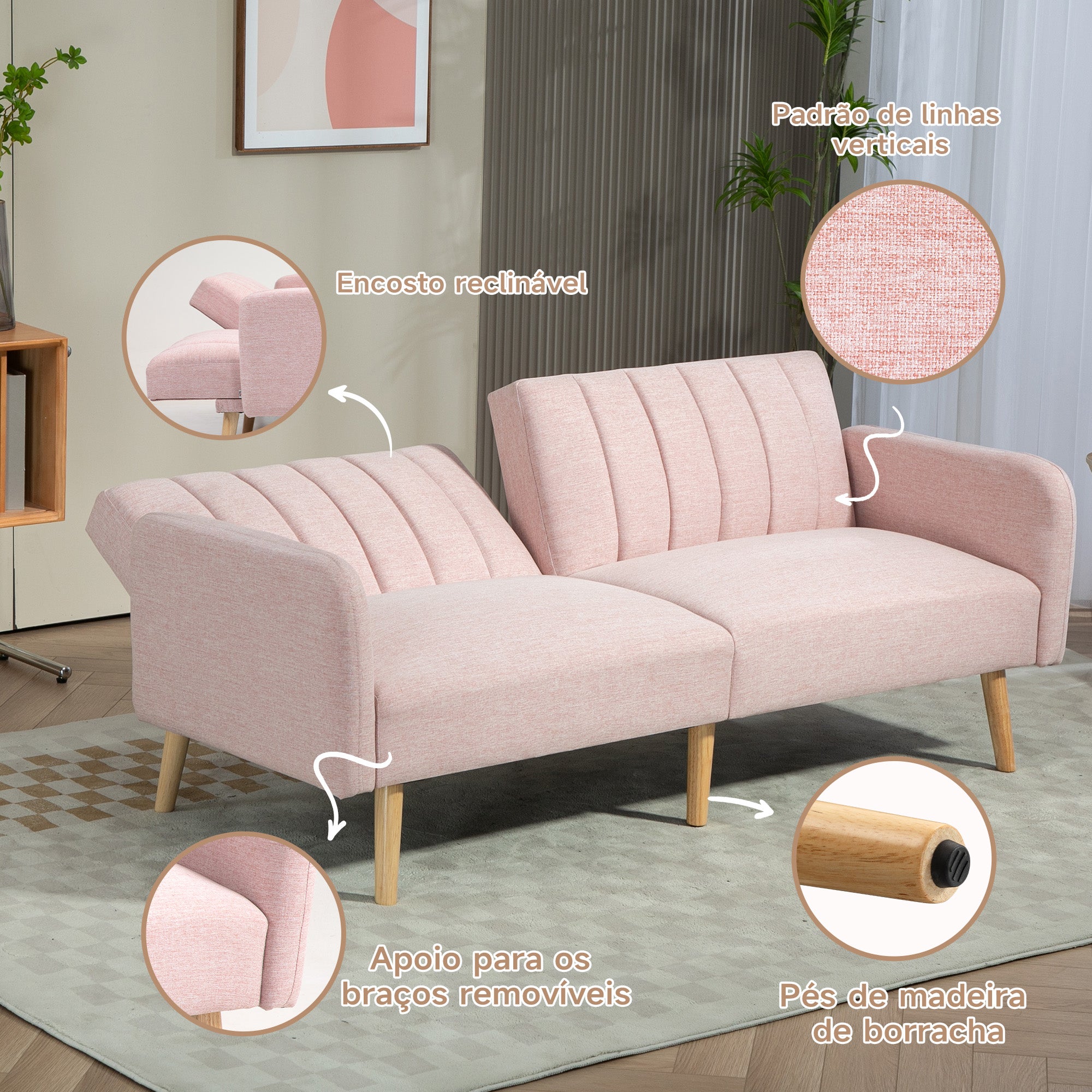 Sofá Cama 2 Lugares Rosa 173x75x73 cm - Encosto Ajustável em 3 Posições