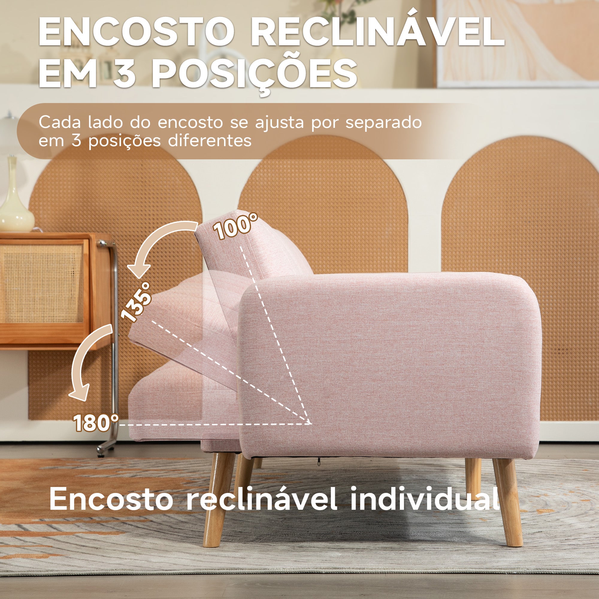 Sofá Cama 2 Lugares Rosa 173x75x73 cm - Encosto Ajustável em 3 Posições