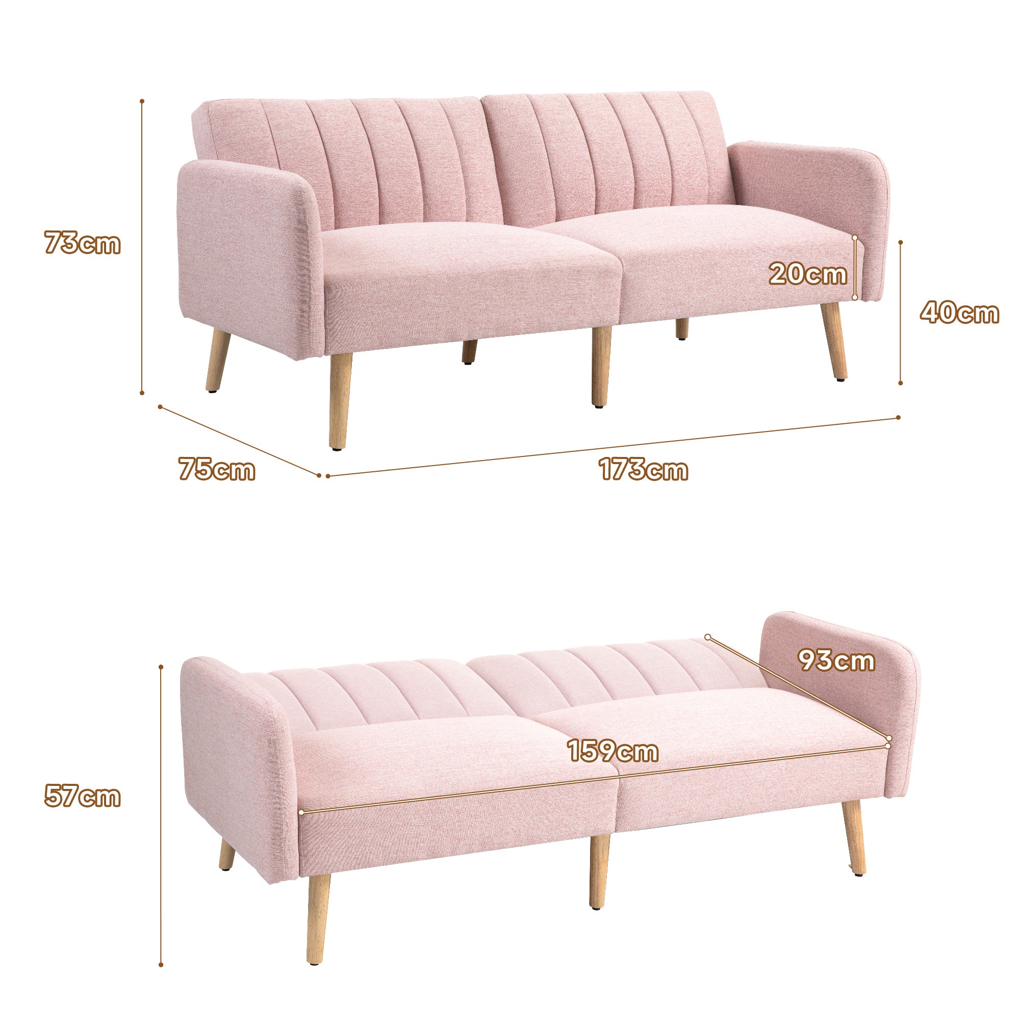 Sofá Cama 2 Lugares Rosa 173x75x73 cm - Encosto Ajustável em 3 Posições