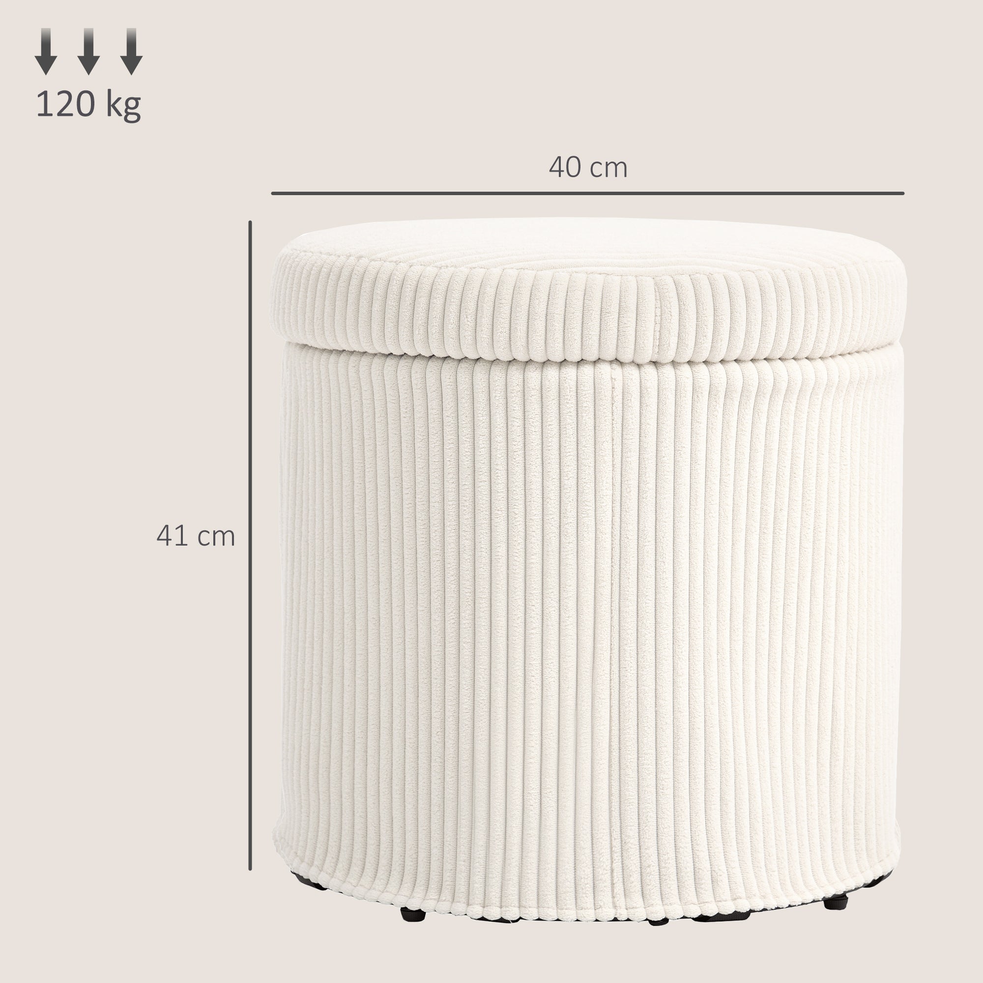 Puff de Arrumação Redondo Estofado em Veludo Cotelê Ø40x41 cm - Cor Creme