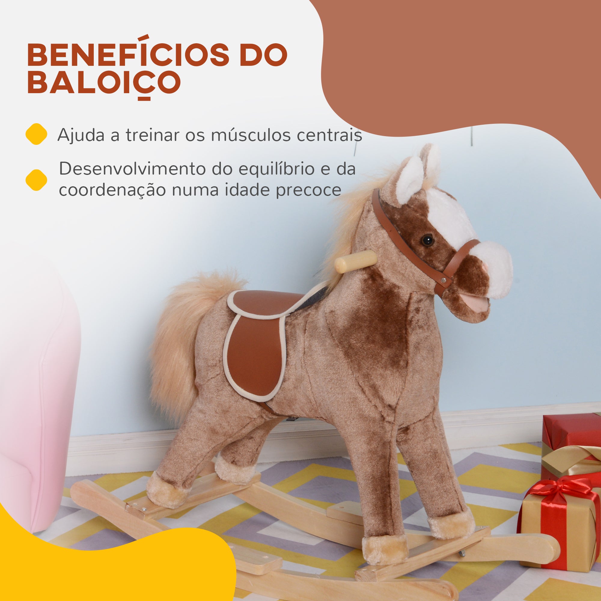 Cavalo de Baloiço Infantil 74x33x62 cm - Cor Marrom