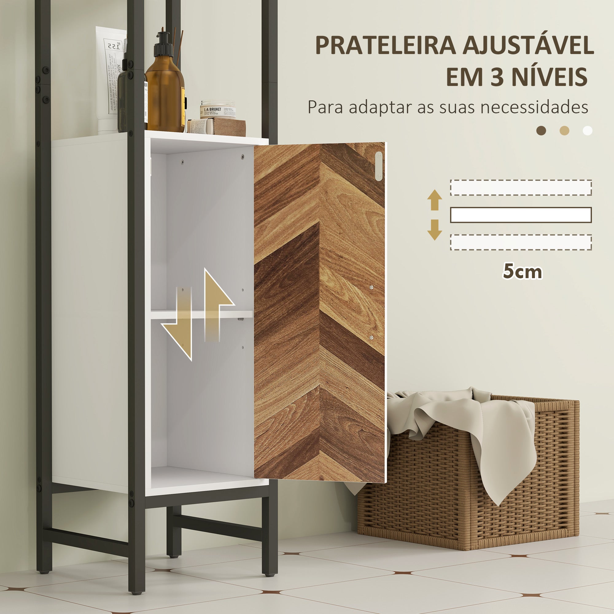 Armário Alto Casa de Banho com 3 Prateleiras e 1 Porta - 30x30x170 cm - Branco, Madeira e Preto