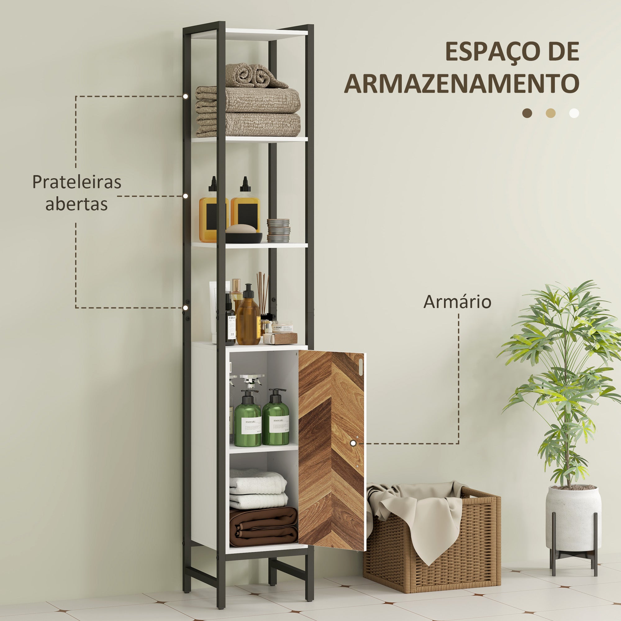 Armário Alto Casa de Banho com 3 Prateleiras e 1 Porta - 30x30x170 cm - Branco, Madeira e Preto