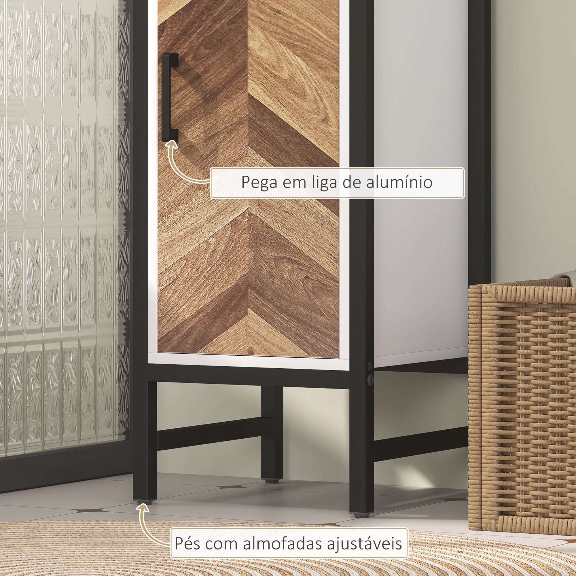 Armário Alto Casa de Banho com 3 Prateleiras e 1 Porta - 30x30x170 cm - Branco, Madeira e Preto