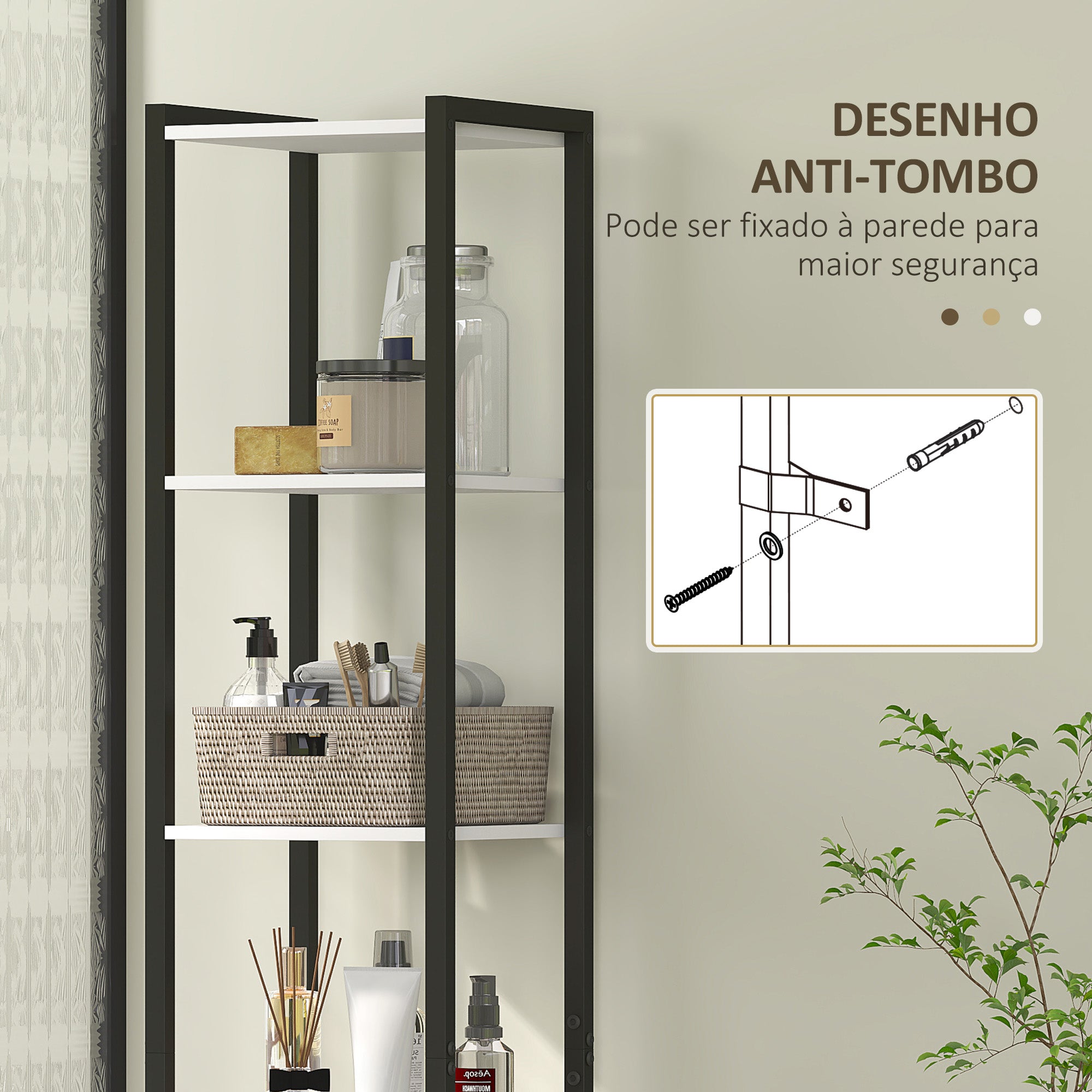 Armário Alto Casa de Banho com 3 Prateleiras e 1 Porta - 30x30x170 cm - Branco, Madeira e Preto