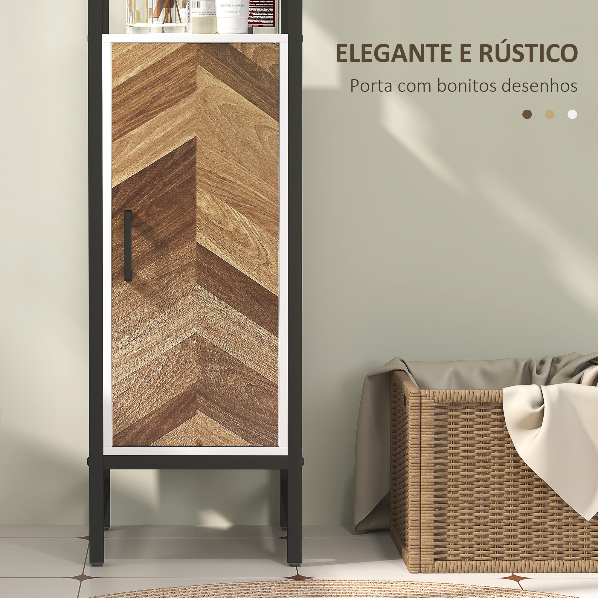 Armário Alto Casa de Banho com 3 Prateleiras e 1 Porta - 30x30x170 cm - Branco, Madeira e Preto