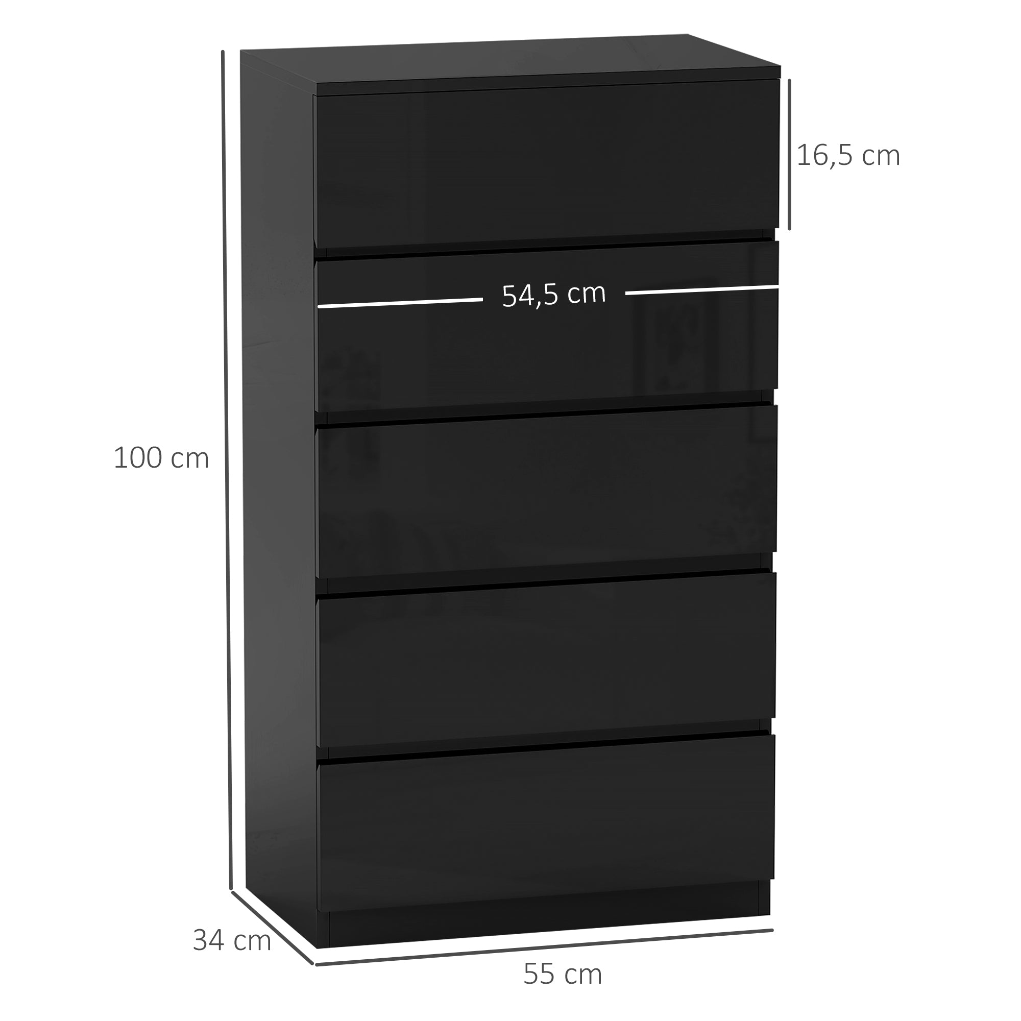 Cómoda de Madeira com 5 Gavetas - Preto 55x34x100 cm