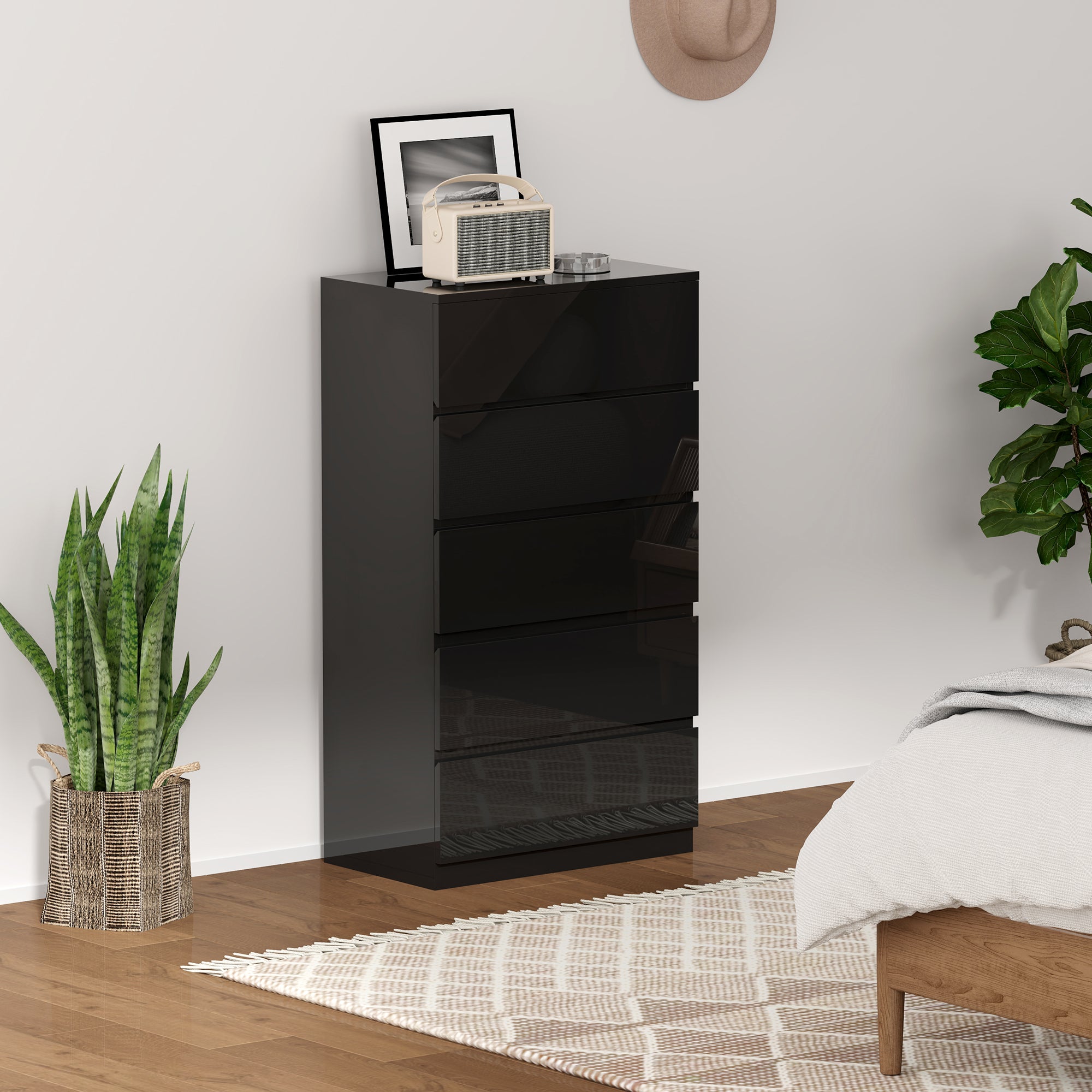Cómoda de Madeira com 5 Gavetas - Preto 55x34x100 cm