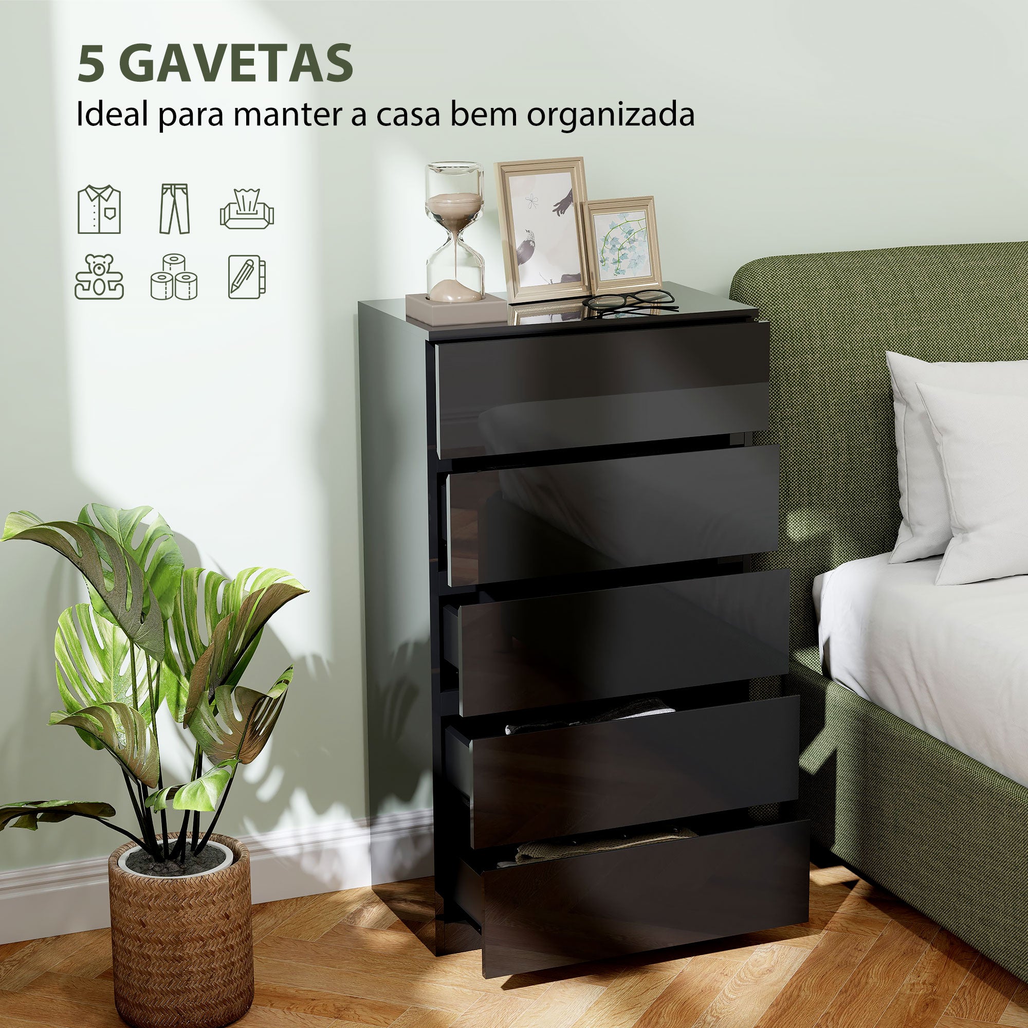 Cómoda de Madeira com 5 Gavetas - Preto 55x34x100 cm