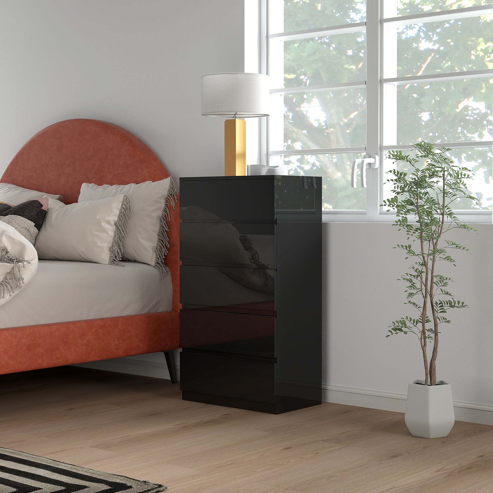 Cómoda de Madeira com 5 Gavetas - Preto 55x34x100 cm