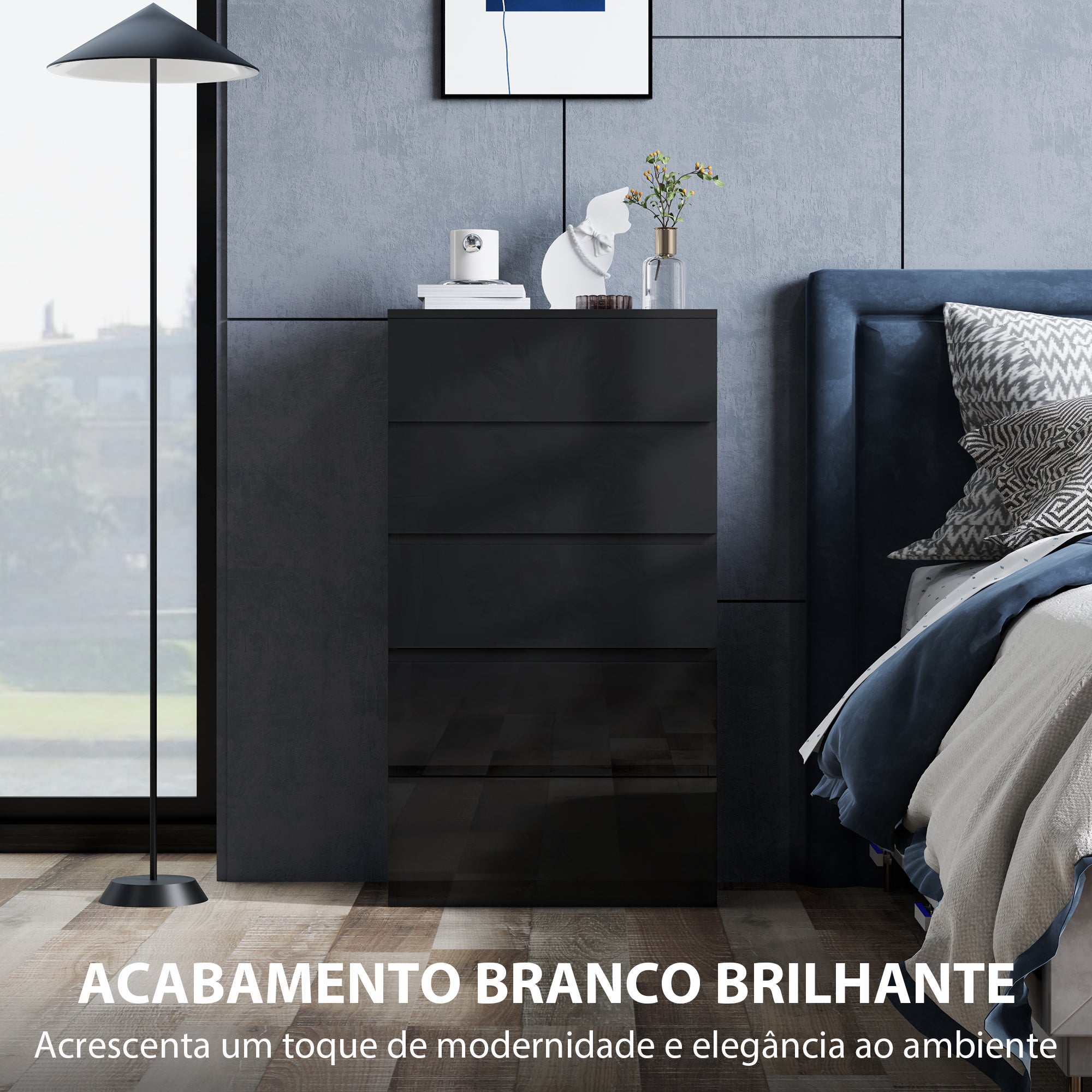 Cómoda de Madeira com 5 Gavetas - Preto 55x34x100 cm