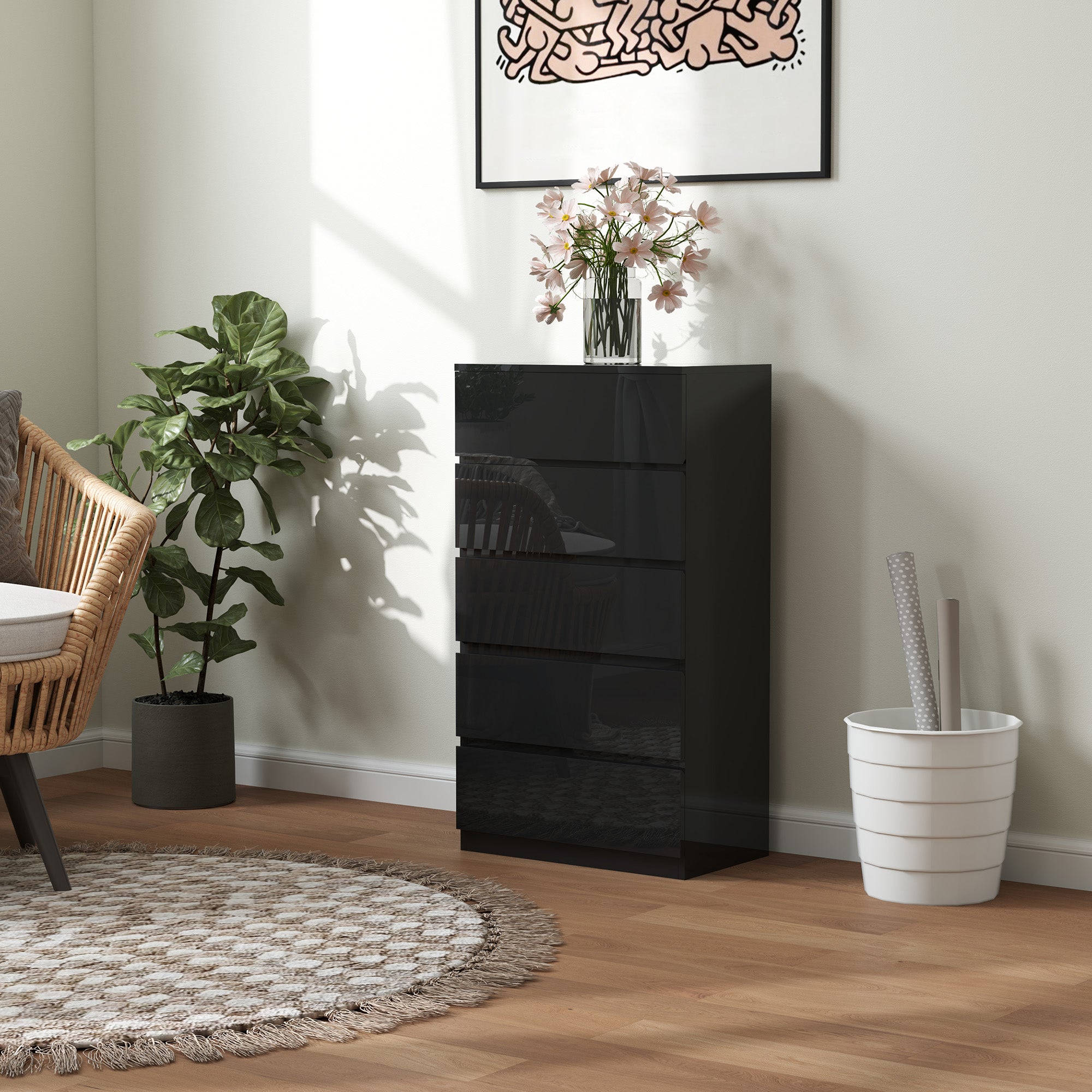 Cómoda de Madeira com 5 Gavetas - Preto 55x34x100 cm