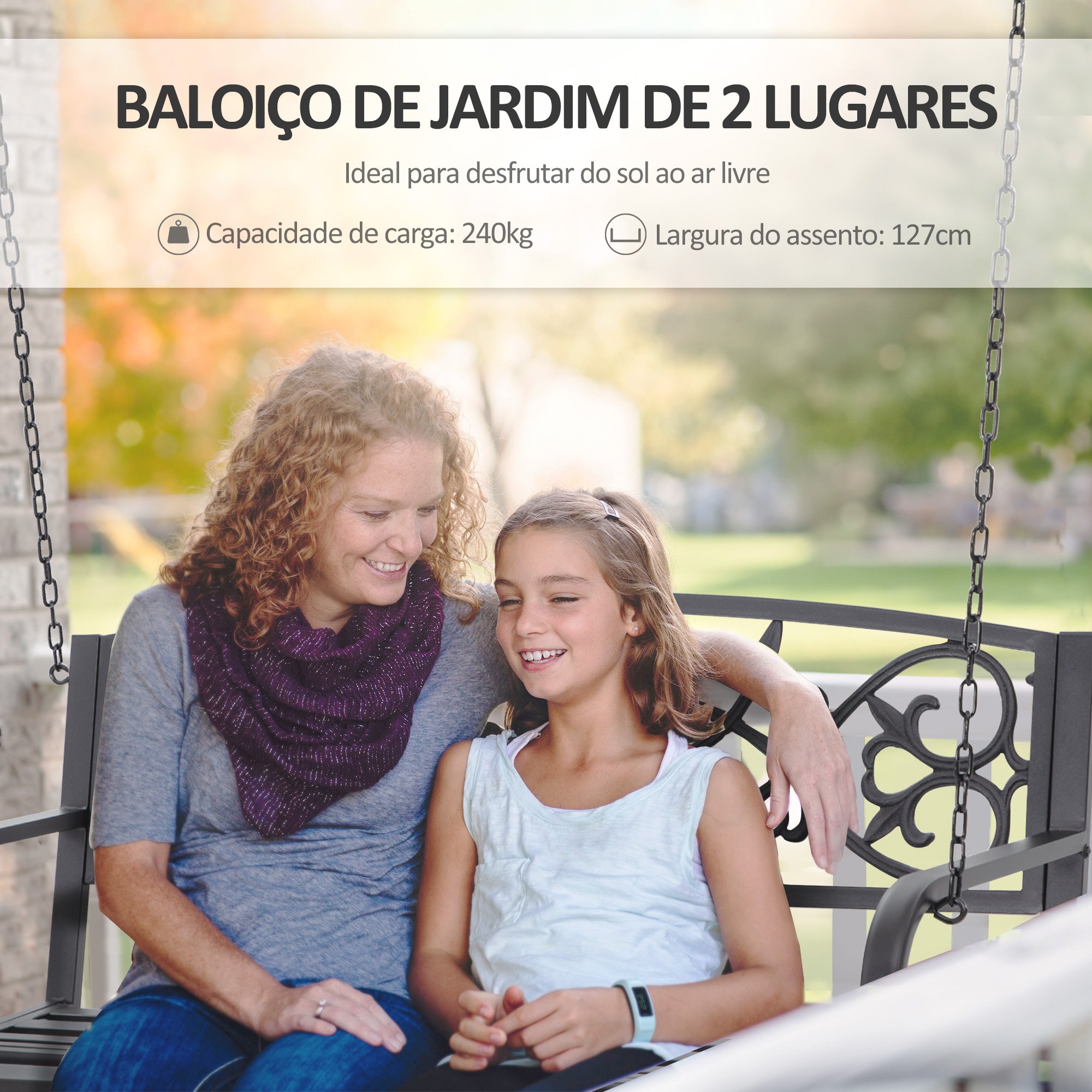 Banco Baloiço de 2 Lugares Preto 127x59,5x52cm - Aço Resistente para Jardim