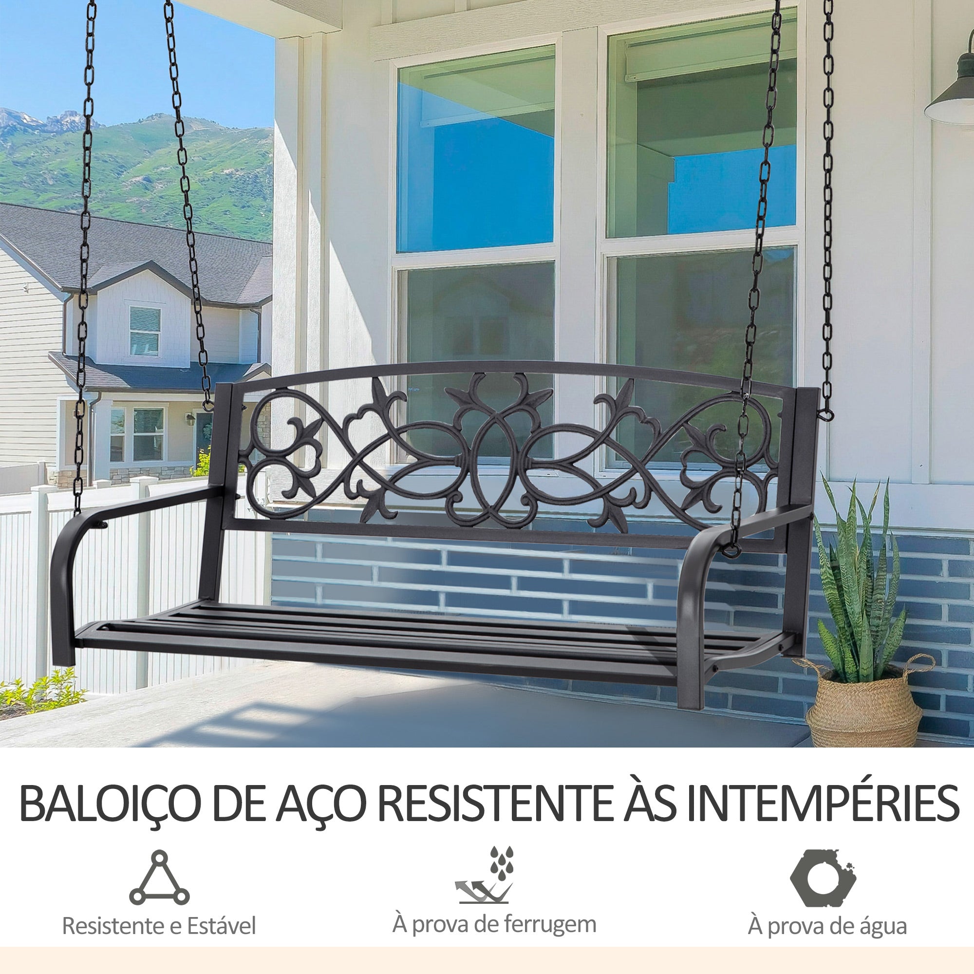 Banco Baloiço de 2 Lugares Preto 127x59,5x52cm - Aço Resistente para Jardim
