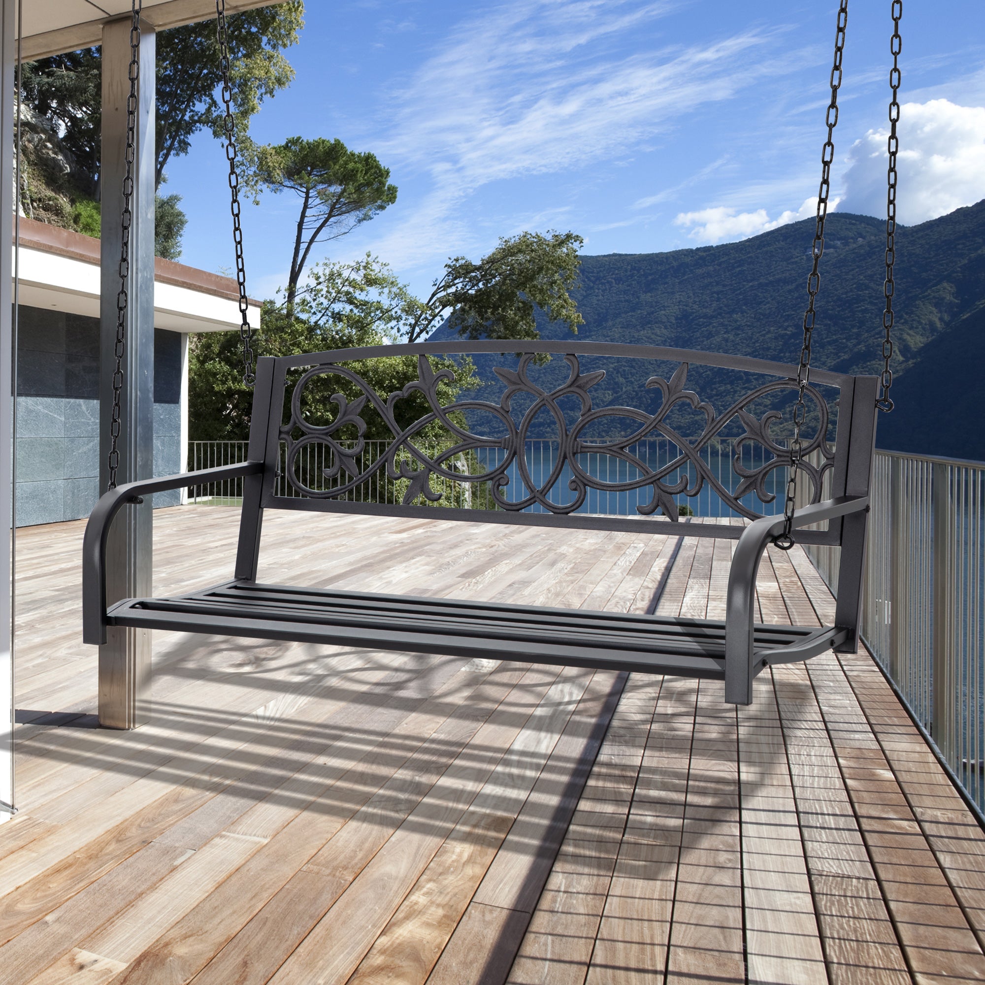 Banco Baloiço de 2 Lugares Preto 127x59,5x52cm - Aço Resistente para Jardim